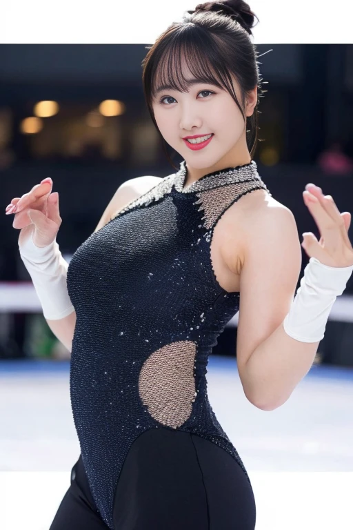 (kawaii 24 year-old Japanese girl, Nogizaka idol, Korean idol), healthy female athlete, figure skater, (glossy black hair, messy very short hair, messy pixie cut, symmetric hair length, even length hair edges:1.3), (bangs), (rounded face, black eyes, single eyelid, no makeup, soft smiling:1.2), (wearing long sleeved black training half zip tops:1.3), flat chest, extra small breasts, black sports leggings, (looking at viewer:1.2), BREAK, (ice skate arena background:1.3), (dynamic angle:1.3), face focus, BREAK, (masterpiece, best quality, photo realistic, official art:1.4), (UHD, 8K quality wallpaper, high resolution, raw photo, golden ratio:1.2), (shiny skin), professional lighting, physically based rendering, award winning, (perfect anatomy, highly detailed skin, extremely detailed face and eyes), Carl Zeiss 300 mm F/2.8, depth of field, 1girl, solo,