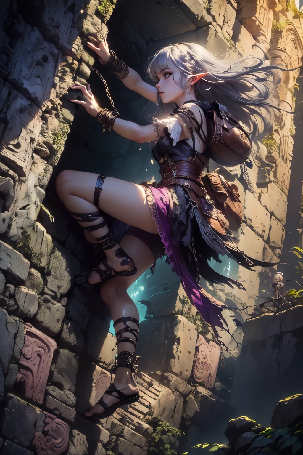 (Ultra-detailed face, Looking away, Gothic Illustration, Dark tone colors. She has five fingers on her hands and five toes on her feet.), BREAK (Ancient ruins. Peruvian-style ruins. Dimly lit space. Fantastic. Mysterious. Dangerous cliffs. Contrasts of light and shadow.), BREAK (A young female dark elf treasure hunter twists her body and attempts to climb upward between the narrow, leaning ruins, arms and legs stretched wide. She looks around cautiously. The viewpoint looks up at the woman from the front of the lower side.), BREAK (She has gray hair, gray eyebrows, blunt bangs, waist-length wispy hair, small pink lips, lavender eyes, dark gray skin, and eyeliner.), (She is wearing a short lace up dress with an English Victorian cherry blossom motif and lace fabric overlay. She wears an up-dress. She wears sandals with braided leather straps.)