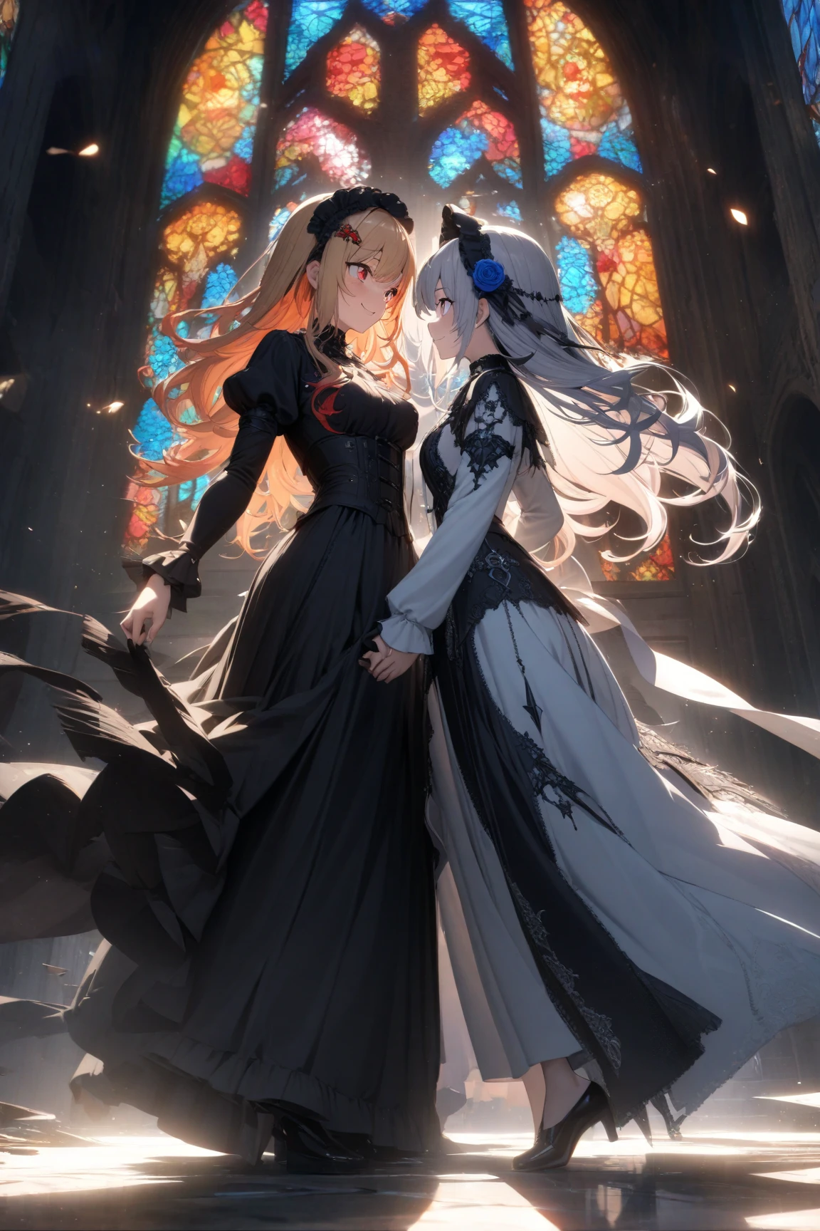 "(melhor qualidade, master part) Create an image of a secret garden with a romantic mood over a starry sky, depicting a forbidden love between a lesbian couple in the last century, with period clothes and a soft beauty, como uma cena de filme."