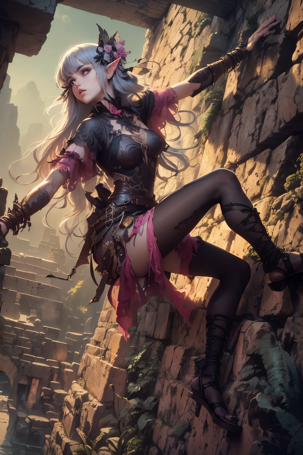 (Ultra-detailed face, Looking away, Gothic Illustration, Dark tone colors.  She has five fingers on her hands and five toes on her feet.), BREAK 
(Ancient ruins. Peruvian-style ruins. Dimly lit space. Fantastic. Mysterious. Dangerous cliffs. Contrasts of light and shadow.),  BREAK 
(A young female dark elf treasure hunter twists her body and attempts to climb upward between the narrow, leaning ruins, arms and legs stretched wide. She looks around cautiously. The viewpoint looks up at the woman from the front of the lower side.),  BREAK 
(She has gray hair, gray eyebrows, blunt bangs, waist-length wispy hair, small pink lips, lavender eyes, dark gray skin, and eyeliner.), (She is wearing a short lace up dress with an English Victorian cherry blossom motif and lace fabric overlay. She wears an up-dress. She wears sandals with braided leather straps.)