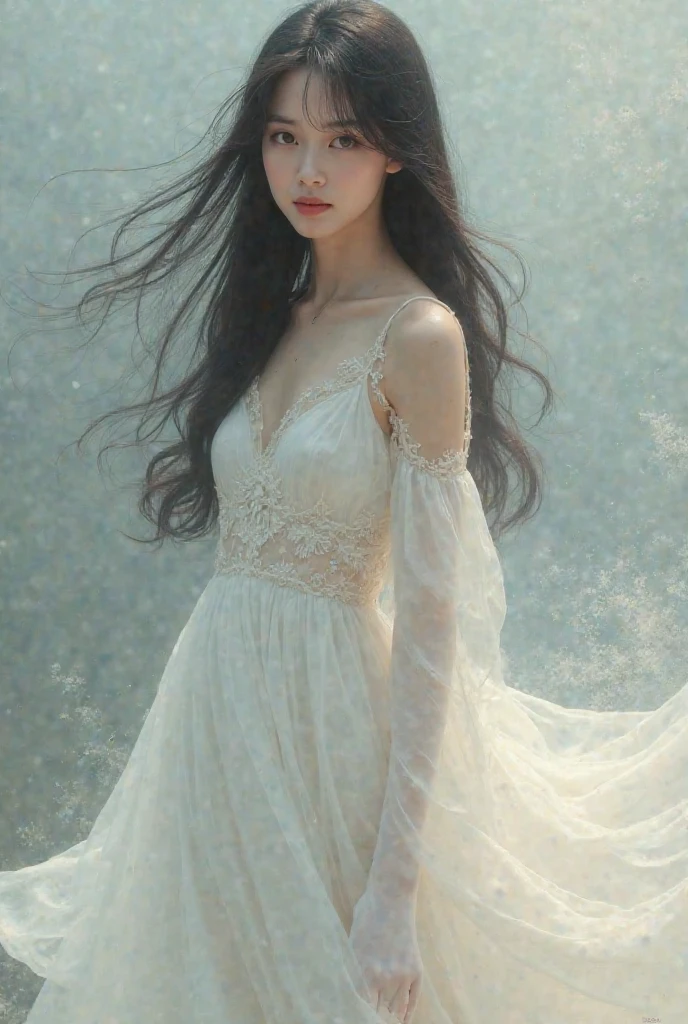 (Highly detailed body,Highly detailed face,Best quality at best:1.2) ,A woman who is,(Dandelions flutter in the wind in the background),a Korean girl,HD photo effects,Artistic photos,lacy white dress,Long black hair,Long hair to the waist,beautiful face,No bra。