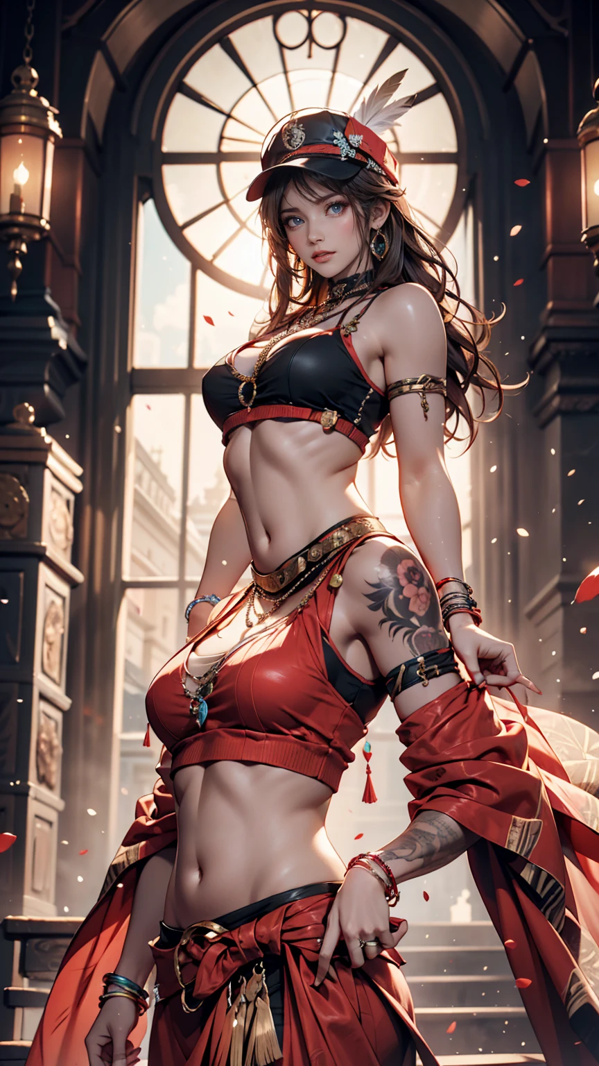 Highest quality、masterpiece、Ultra-high resolution、32k、Model Body Type、One Girl, Female Fire Spirit, Redhead, The upper body is visible、((Delicate illustrations drawn in detail:1.8)),((Clothes with intricate decorations:1.5))、(((A large amount of sparks are flying)))、Sacred robe、Sexy clothes、Lots of gold ornaments、Red and orange attire、Correct number of limbs、(((Above the flames)))、(((Hellfire)))、((Red eyes))、(((Wearing flame on the body)))、(((Swirling flames in the background)))、Standing with your legs apart、
