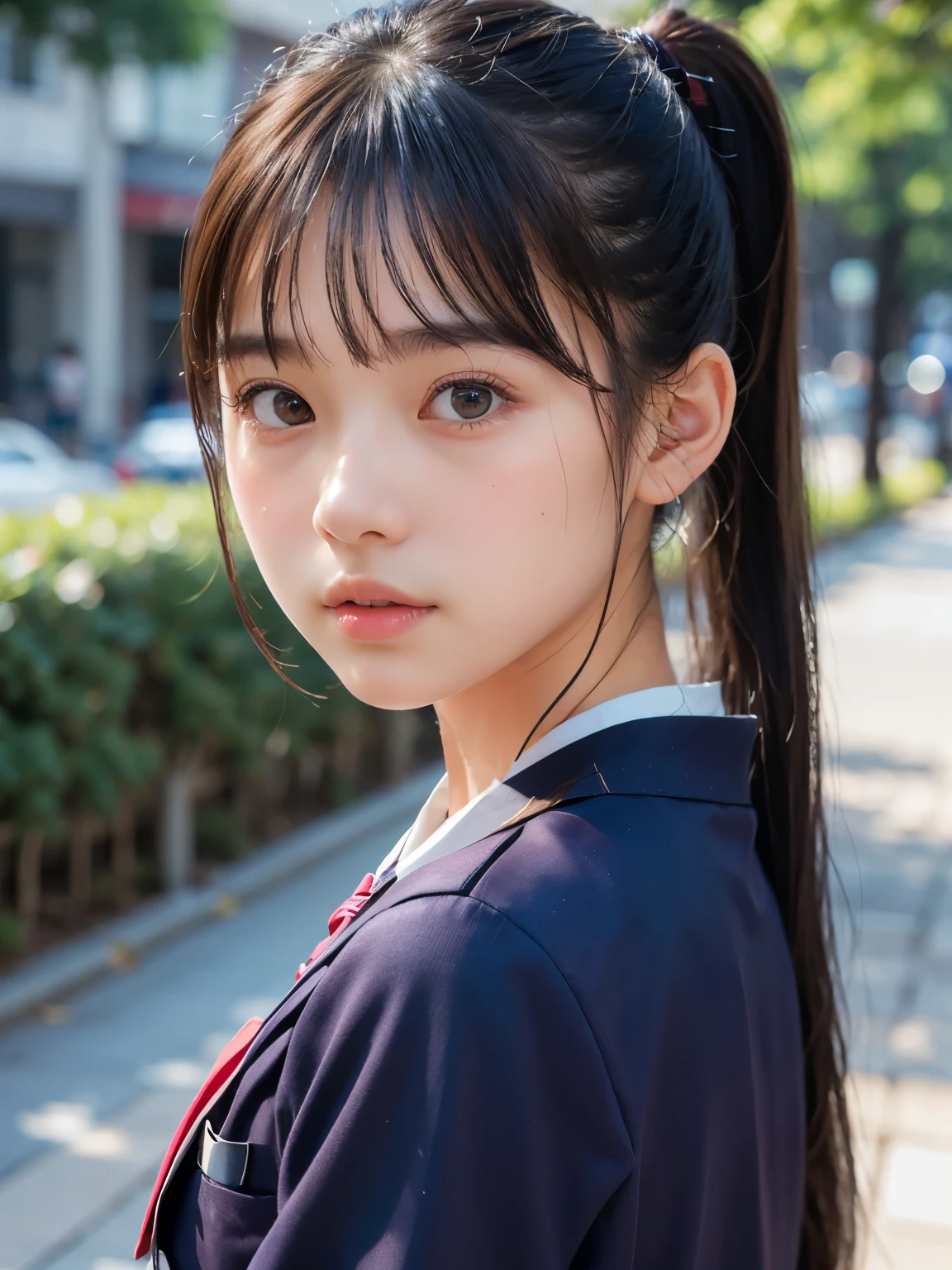 ((SFW: 1.4)), ((SFW, high ponytail, 1 girl)), Ultra-high resolution, (Realistic: 1.4), RAW Photos, highest quality,((school uniform)) (PhotoRealistic Stick),Soft Light, (()), ((Japanese)), (( (Young Face))), (surface), (Depth of written boundary), masterpiece, (Realistic), woman, bangs, ((1 girl))