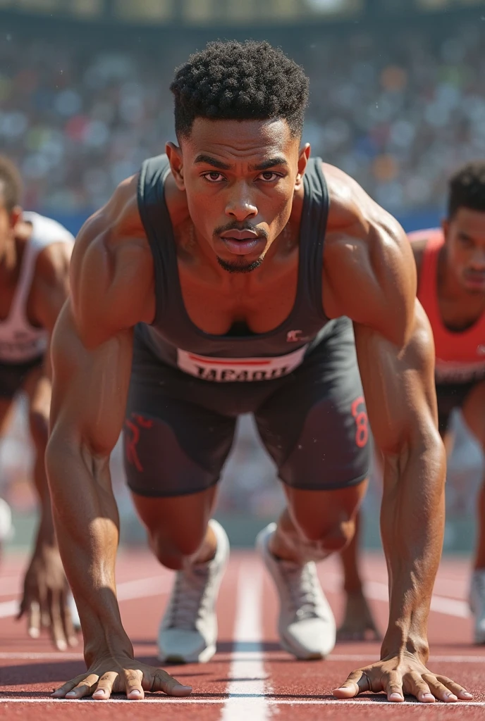 Un coureur noir au jeux olympiques avec un maillot avec mention DJEL TECHNOLOGY