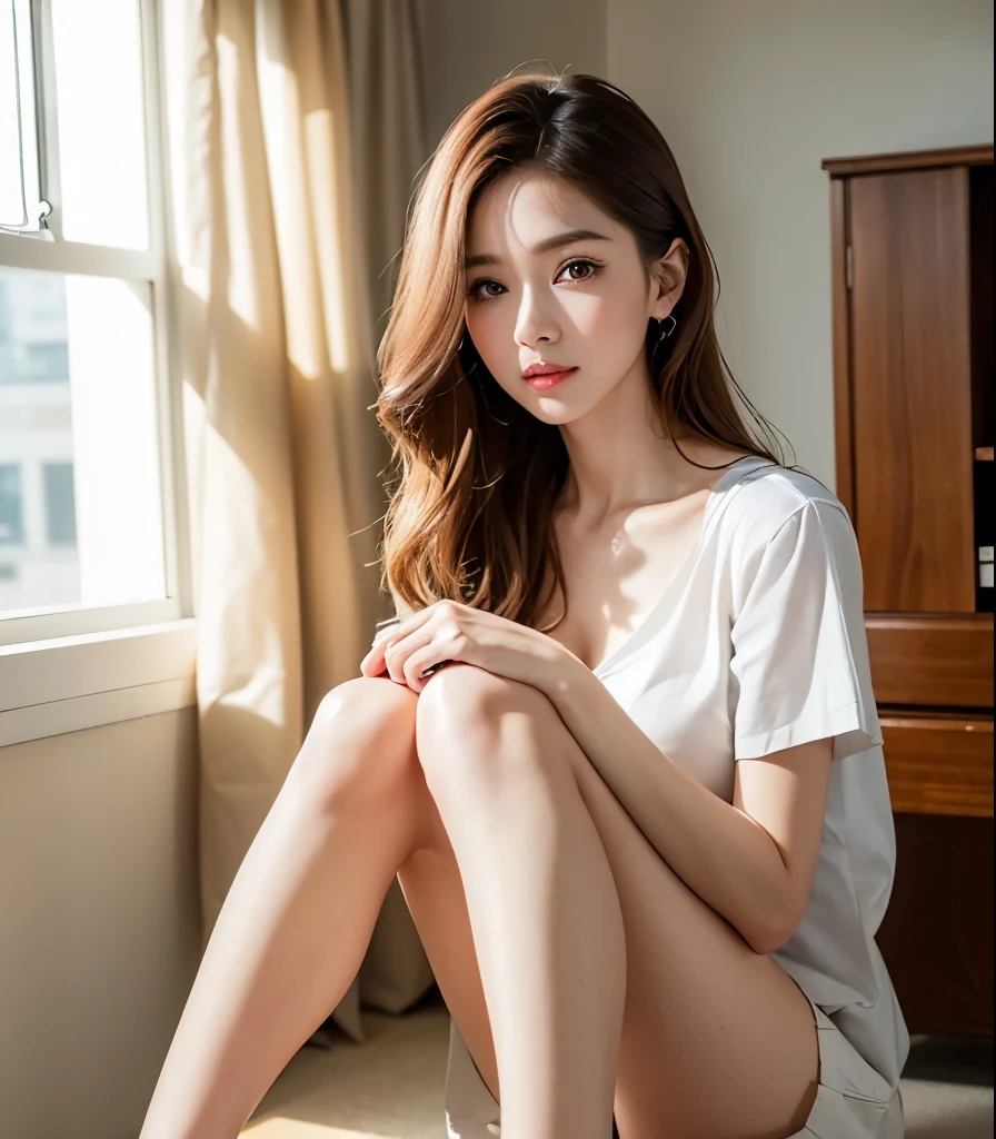 One woman,(35age)、Sit on a comfortable sofa,Crossing your legs,Soft Light,barefoot,Wear only large white shirts ,barefoot,8K,Masterpiece、