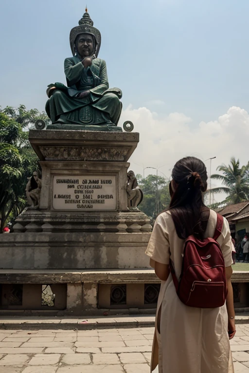 (high quality) burmese woman getting down on her knees, praying to statue, in a maxi dress, rear view, floral dress