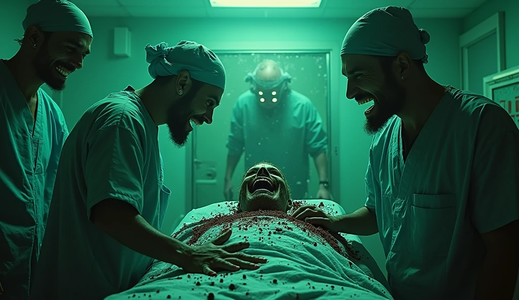 Aggressive chubby man with long fingernails wearing make-up is lying sick in a hospital bed and has a voodoo doll in his hand. Demons are standing around him, the demons are laughing at him.