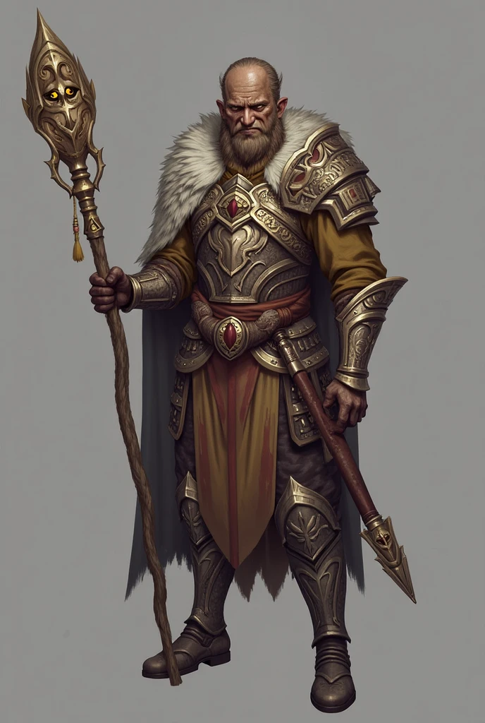 full body concept of old goat warrior 3D character, very detailed large head with two horns, natural long goat beard to waist, hair on the muzzle same color as a beard, golden brown puff, short as gnome legs shod in laced military boots, holding a halberd, detailed weapon ammunition, dim colors, pixar style, photorealistic