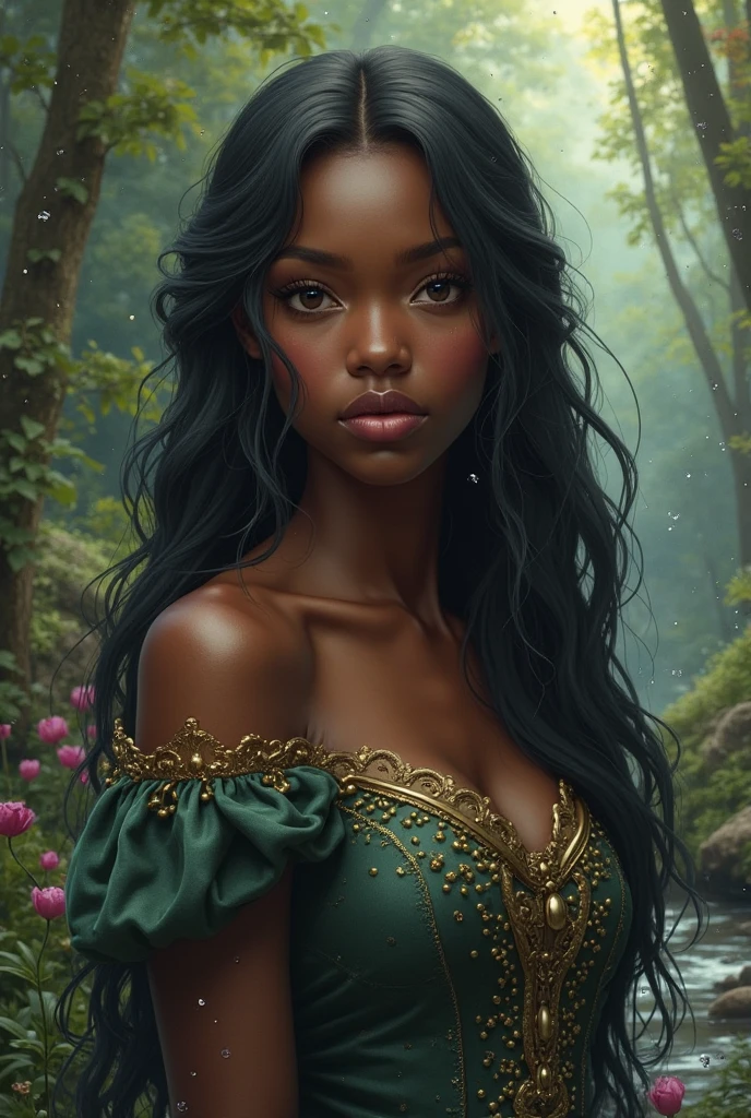 beautiful young woman, (magic forest background), dark skin, delicate and pretty detailed face, redish golden long and curly brown hair, detailed and realistic bright green eyes, fairy and flowers, wild flowers blending into hair, medieval ranger outfit, full body, cover, choker, hyperdetailed painting, luminism, Bar lighting, complex, 4k resolution concept art portrait by Greg Rutkowski, Artgerm, WLOP, little fusion pojatti realistic goth, fractal isometrics details bioluminescens : a stunning realistic photograph 18 years