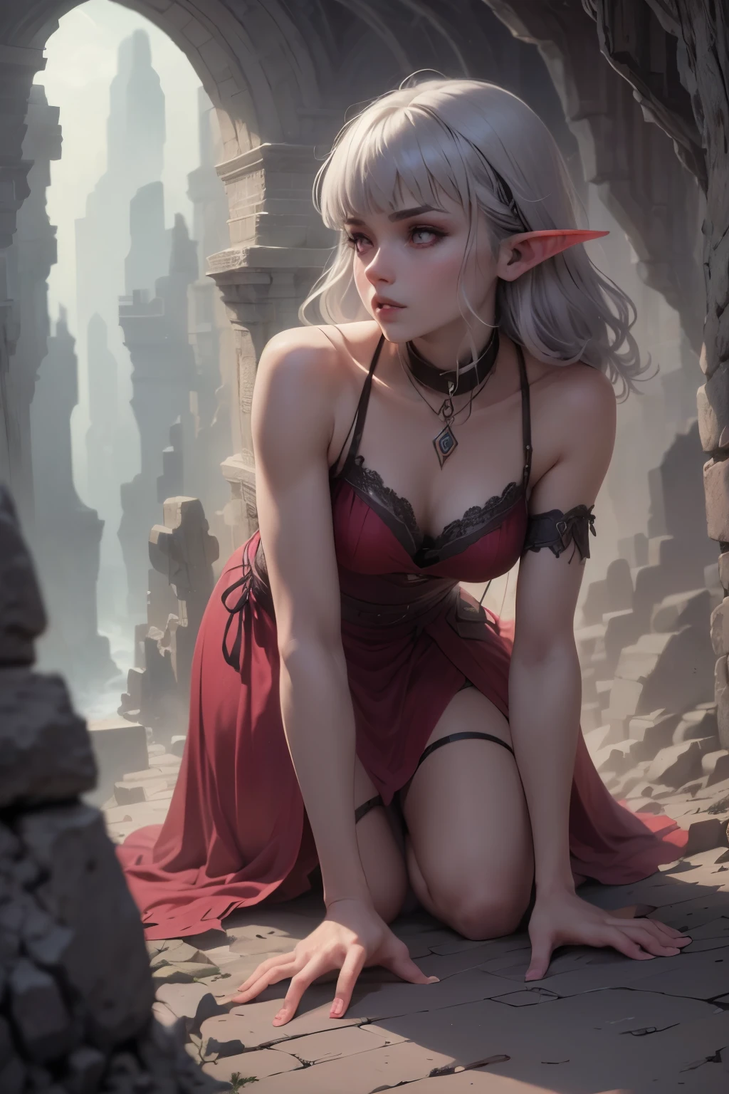 (Ultra-detailed face, Looking away, Gothic Illustration, Dark tone colors. She has five fingers on her hands and five toes on her feet.), BREAK
(Ancient ruins. Peruvian-style ruins. Dimly lit space. Fantastic. Mysterious. Dangerous cliffs. Contrasts of light and shadow.), BREAK
(A young female dark elf treasure hunter stoops low to the sloping floor, about to slip and fall, trying to get through. She looks around cautiously.), BREAK
(She has gray hair, gray eyebrows, blunt bangs, waist-length wispy hair, small pink lips, lavender eyes, dark gray skin, and eyeliner.), (She is a short lace with a short lace sundress made of layers of red-green lace fabric in an English Victorian style. She wears an up-dress. She wears sandals with braided leather straps.)