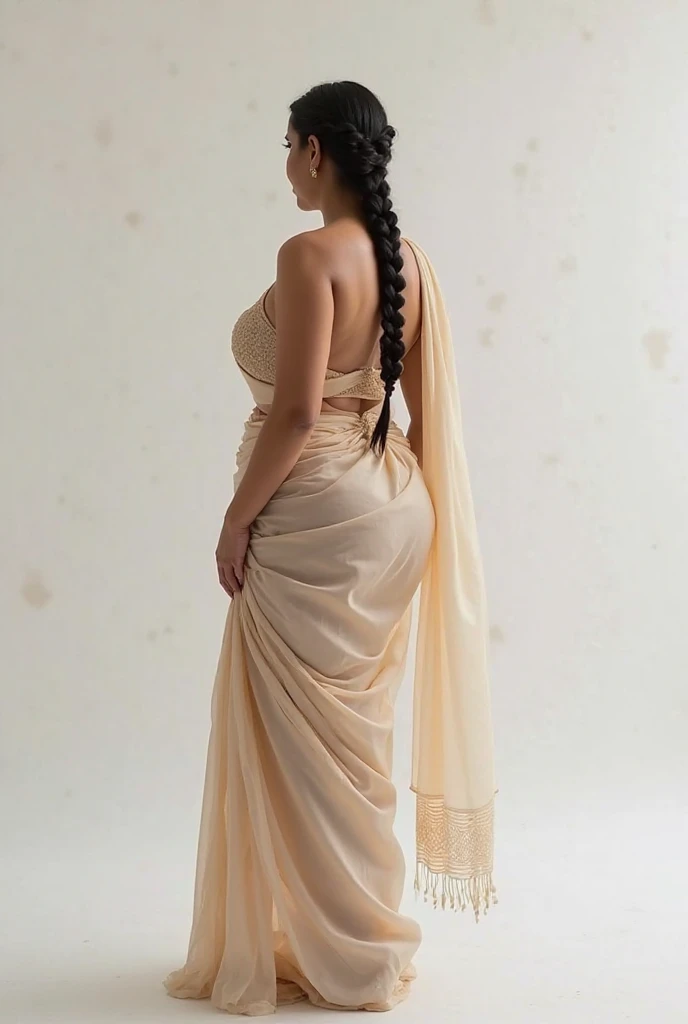 Indian Kerala woman,1910s, back view, bare back, wearing a wraparound skirt, (lehnert and landrock photography:1.3), looking at camera,monochromatic, ((photorealistic:1.3)), curvy, smiling