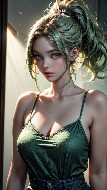 8K, Top Quality, Intricate Details, Ultra Detail, Ultra High Resolution, Masterpiece, close up shot, (full body: 1.1), Slender, Smile, (Makeup: 0.4), (Fluffy purple Eyes: 1.21), (()), 1girl, solo, 1 girl, ((green hair, bangs, high ponytail)), close up shot, , ((tall)), (((fit body))), (((slim face))), sharp face, (()) ,(detailed face), sharp face, small lips, ,
((,long dress )), , ((,)),detailed face, detailed breast, , ((large breast, huge breast )), , Narrow Waist, Skinny, tall , 175 cm tall, Muscular, Navel, Exposed Abdomen, Pointed Chest,, Beautiful girl with accentuated slender abs: 1.4, Six Pack Abs: 1.4, Bust Botox, Big, Perfect Body, detail leg, (( dark background)), black background,