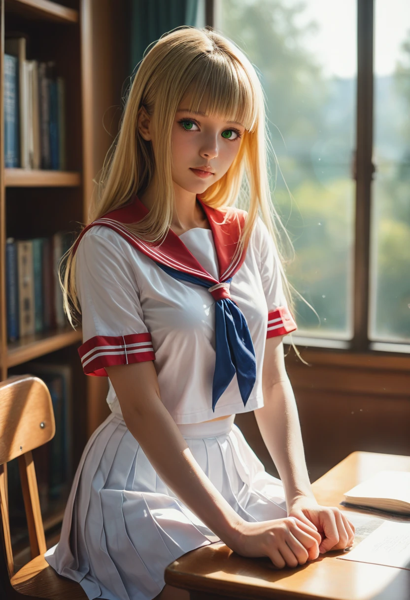 ((masterpiece,Highest quality, High resolution)), One girl, alone, Green Eyes, Long blonde hair tied with a blue ribbon, Blunt bangs, Sitting, Arms folded on the table, Sleep arm in arm, , White Seraphim, Red Sailor Collar, Short sleeve, White pleated skirt, (In the library), Dramatic Light, Next to the window, afternoon light through the window, afternoon, Bokeh effect