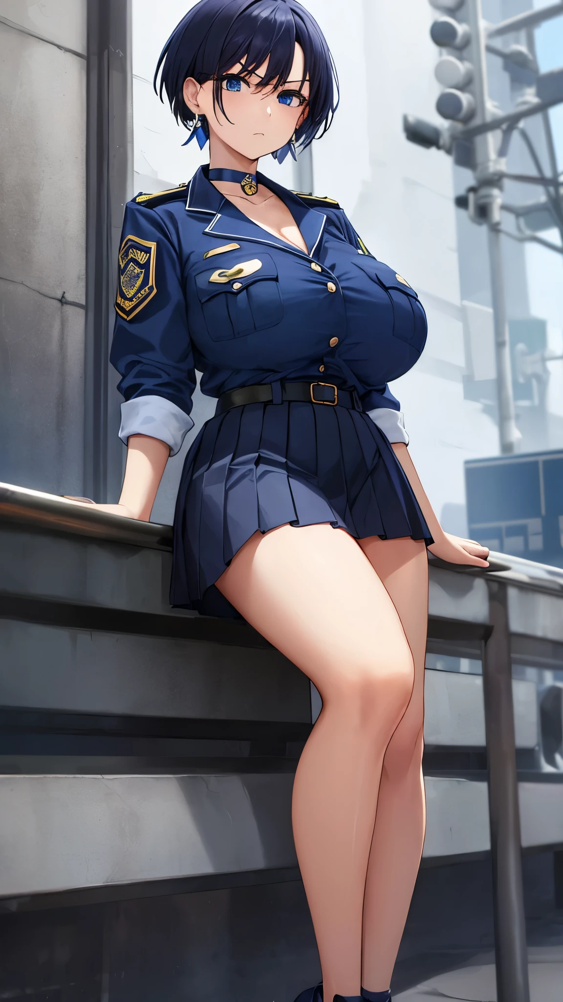 A sexy police girl named Emma, standing on the street, Wearing a police uniform, sexy police girl on road, sexy, beautiful girl, cute face, beautiful face, wearing American police uniform, big breasts, realistic, photorealistc, high quality, 4K, detailed face, ultra realistic, high quality: 1.9, fine eyes, stylish pose, sexy pose, photograph, Photograph, ((navel piercing))
