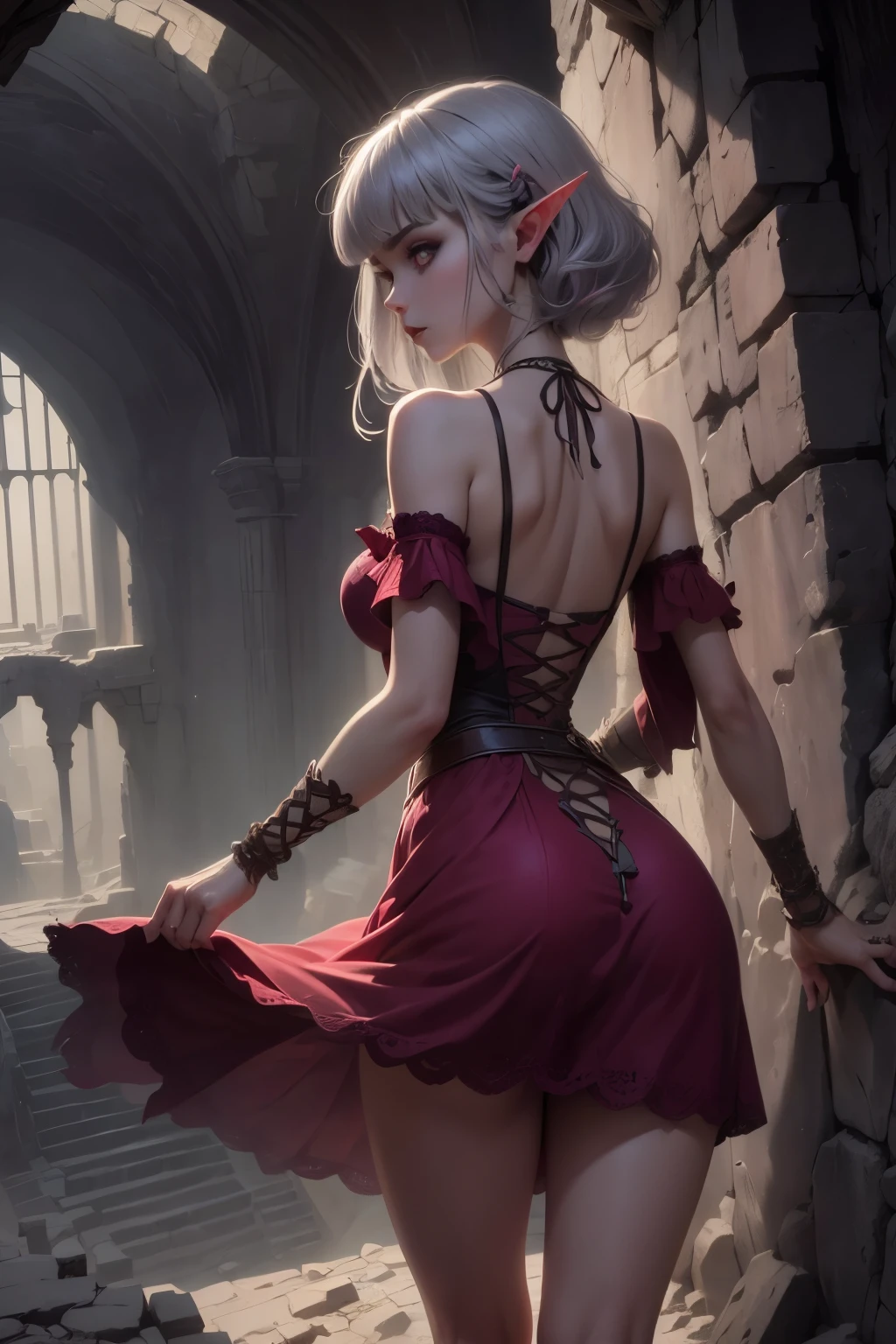 (Ultra-detailed face, Looking away, Gothic Illustration, Dark tone colors.  She has five fingers on her hands and five toes on her feet.), BREAK 
(Ancient ruins. Peruvian-style ruins. Dimly lit space. Fantastic. Mysterious. Dangerous cliffs. Contrasts of light and shadow.),  BREAK 
(A young female dark elf treasure hunter is about to walk through, her back turned and her body bent low on the sloping floor, about to slide down. She looks around cautiously.),  BREAK 
(She has gray hair, gray eyebrows, blunt bangs, waist-length wispy hair, small pink lips, lavender eyes, dark gray skin, and eyeliner.), (She is a short lace with a short lace sundress made of layers of red-green lace fabric in an English Victorian style. She wears an up-dress. She wears sandals with braided leather straps.)