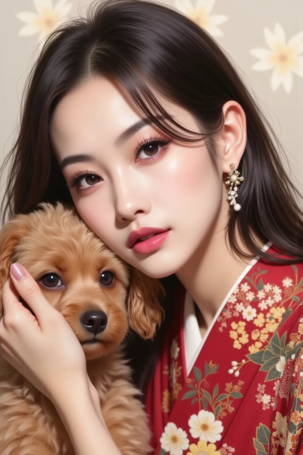 cute toy poodle puppy with beautiful fur、Portrait of a woman wearing a Japanese kimono、I'm stroking a toy poodle's head with gentle hands、quiet smile from comics、expresses beauty and strong affection、Portrait of a Japanese woman wearing a kimono with an extremely detailed pattern、Portrait of a Japanese woman with beautiful shining dark eyes、Quick brushstrokes and vibrant colors、A masterpiece of cute puppies and beautiful women、top quality、high image quality、8k、Photorealistic、real、photo shoot