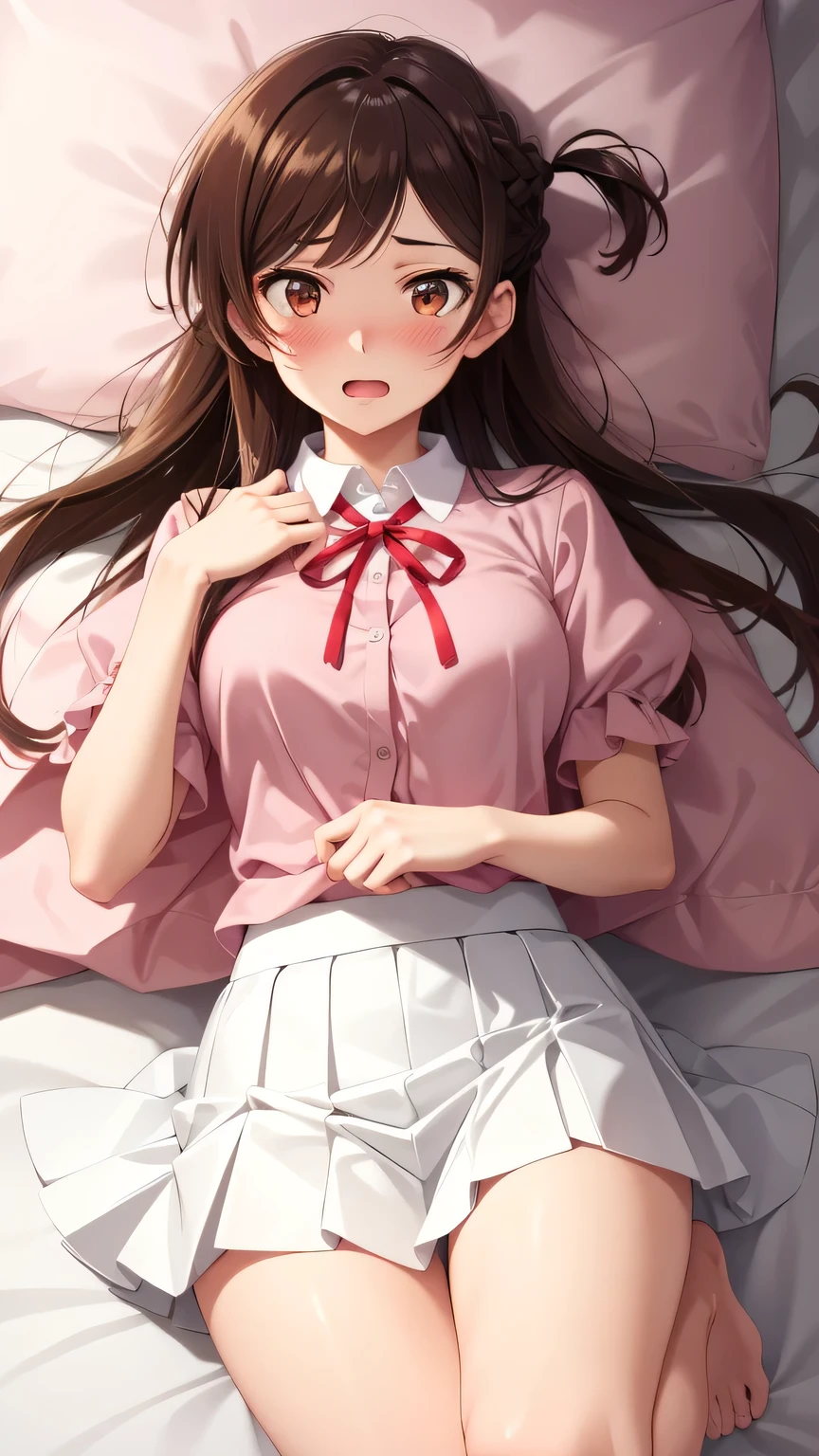 {{{masterpiece}}}, (best quality:1.5), (ultra-detailed:1.5), {illustration}, {{an extremely delicate and beautiful}}, (beautiful detailed eyes:1.6), absurdres, highres, extremely detailed face, 16k, hd, visual anime de uma jovem mulher, extremamente bonito rosto de anime, anime melhor garota, (perfect hands, perfect anatomy), anime face, Mizuhara Chizuru(Rent-A-Girlfriend), chizuru ichinose, aachizuru, cute face, long hair, bangs, brown hair, (brown eyes:1.5), (one side up:1.5), braid, hair braid, medium breasts, big hips, curvaceous, BREAK, neck ribbon, red ribbon, pink shirt, short sleeves, puffy sleeves, puffy short sleeves, white collar, mini skirt, pleated skirt, white skirt, barefoot, BREAK, lying, on back, open mouth, embarrassed, naughty expression, embarrassed, flushed cheeks, looking at viewer, on the bed, Dakimakura, CarnelianDakimakura