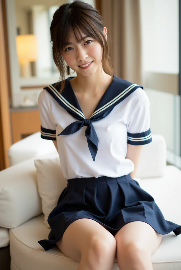 (masterpiece, best quality:1.2), 8k, official art, raw photo, incredibly absurdres, (sailor uniform, serafuku:1.0), ,highschool student,beautiful girl, pretty face, arch back, close up, , short sleeve, gardenia, violaceaess, (short ponytails:1.3),teen, classr looking at viewer, no makeup, film grain, chromatic aberration, sharp focus, facelight, dynamic lighting, cinematic lighting, detailed eyes and face, bokeh background,(cowboyshot:1.3),(small brests:1.2),(skinny:1.2),(smile:1.2),(school swimsuit:1.0),(fullnude:1.5),(show pussy:1.4),(bottomless:1.6),8from below:1.3),