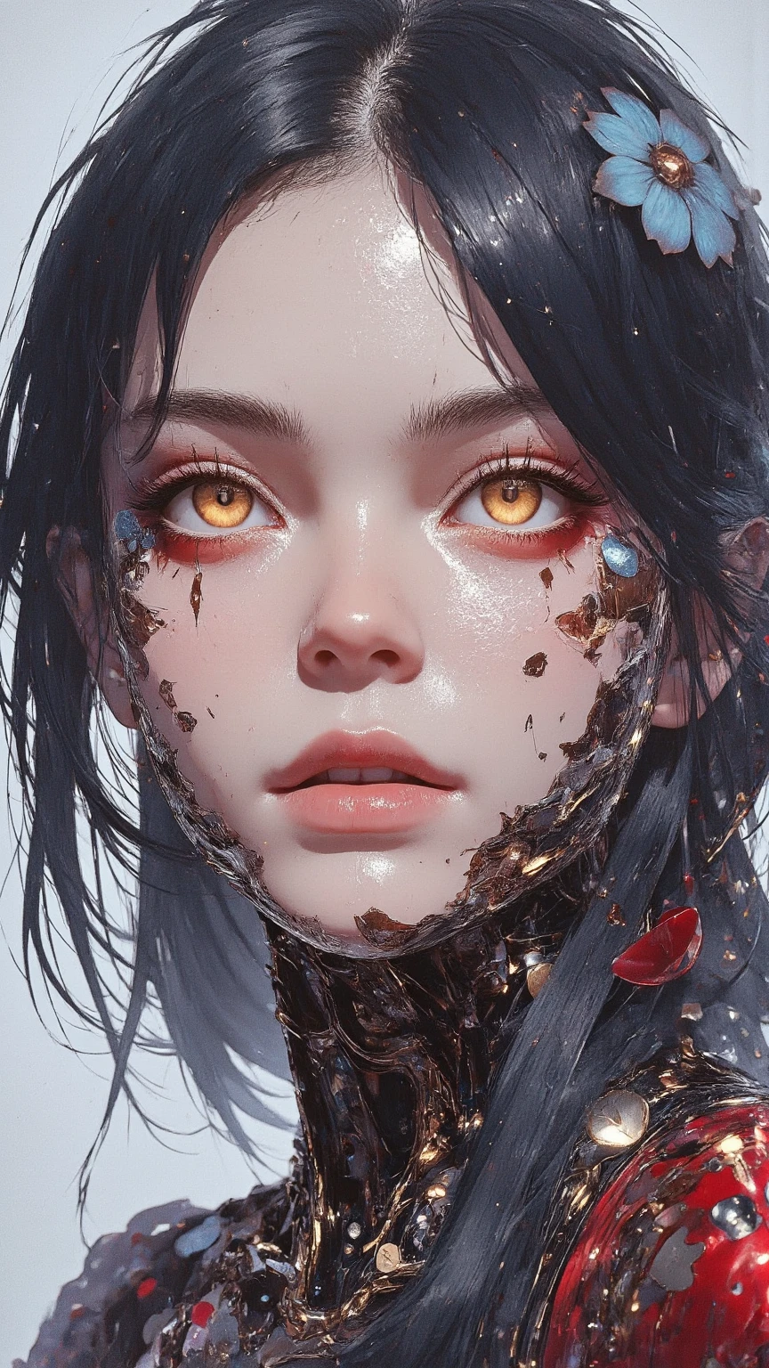 arafed woman with red nails and a black jacket posing for a picture, hint of freckles, 18 years old, small freckles, pale glowing skin, with freckles, rosy cheeks with freckles, very very pale white skin, very very very pale white skin, cute freckles, very pale white skin, 1 6 , pale fair skin!!, red contacts