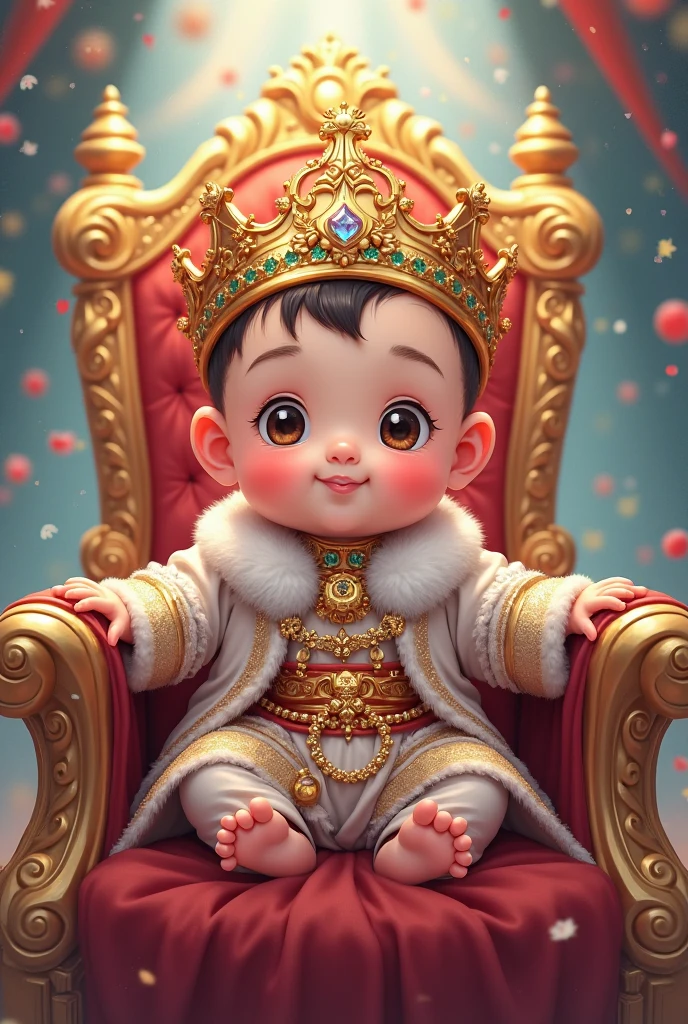 A realistic image of a cute little indian baby boy as a Prince sitting on a throne, in very big and beautiful house and in house there are all around gold , wearing a crown and a royal attire and he is very very beautiful and gorgeous and besides her is a large size '1' cutout , indicating that its his first birthday. Bright, bold and colorful image, Flower garlands can be seen hanging from the palace archs, seems like a celebration time in the palace