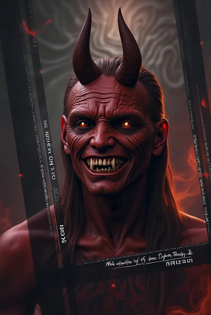 High quality 3D images, realistic details, blurred background, Handsome demon guy, wearing a leather strap shirt, with a neck lock and iron chain, exhaling smoke, seductively glances at the viewer, solo, looking at viewer, red eyes, 1boy, male focus, horns, teeth, no humans, mask, glowing, colored skin, sharp teeth, glowing Yellow eyes, red skin, score_9, score_8_up, score_7_up