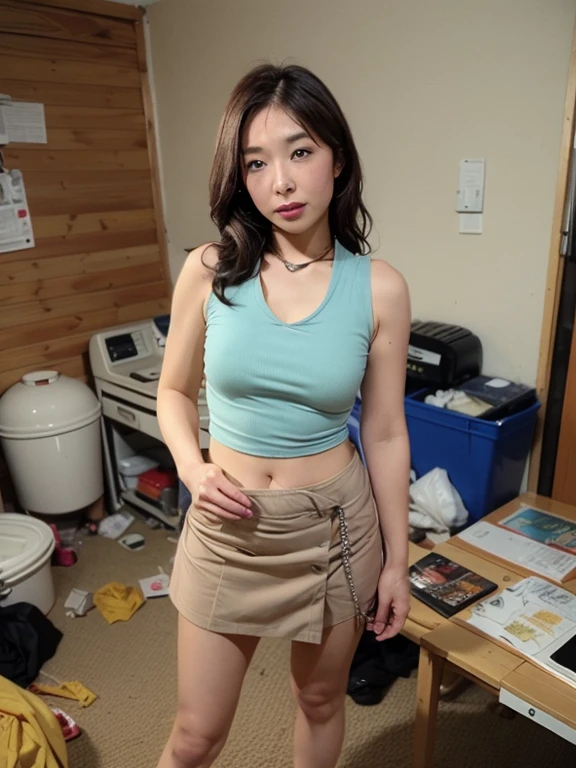 ((Best Quality, 8k, Masterpiece: 1.3)), Photorealistic, Sharp Focus, High Quality, High Definition, Portrait, Solo, Japan Person, Middle Aged Woman, Beauty, Skirt, Bra, 47 years old, Plump, Wavy Hair, Shirt, Wrinkles at the corners of the eyes, Messy room, Unorganized room, Full body, ((Show panties: 1.5)), Lots of game consoles, Lots of game software, CRT monitors,