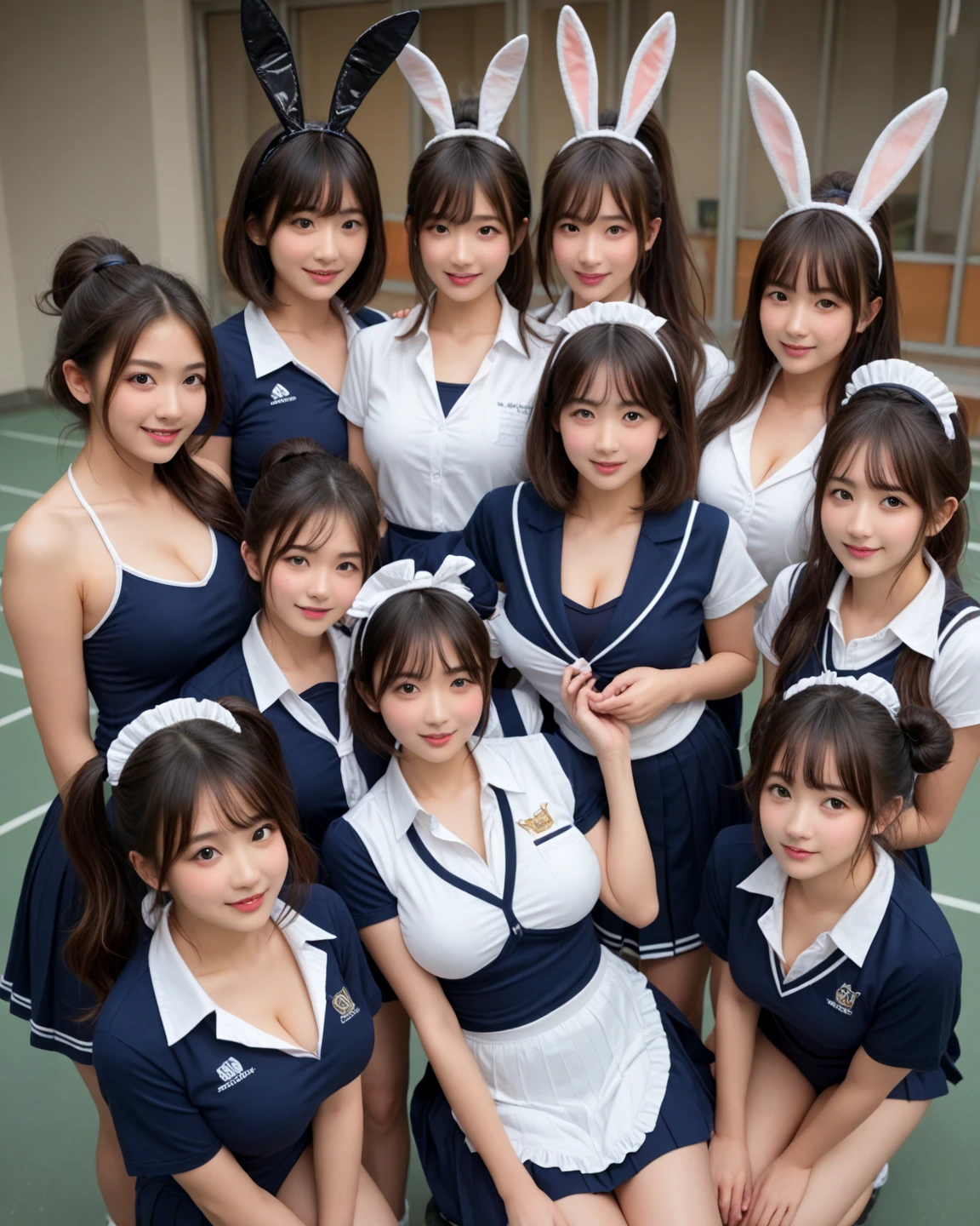 perfect anime illustration, , 7 girls, clone, identical sisters, sisters flock together, background sisters, hairstyle that suits yous,black long hair、hairstyle that suits you, beautiful and big eyes、, smile, ((pleated skirt、breasts come out, matching outfit)), indoor pool, High resolution, full body、big breasts、big breasts、cleavage、nipple、Too big 、naked、many girls