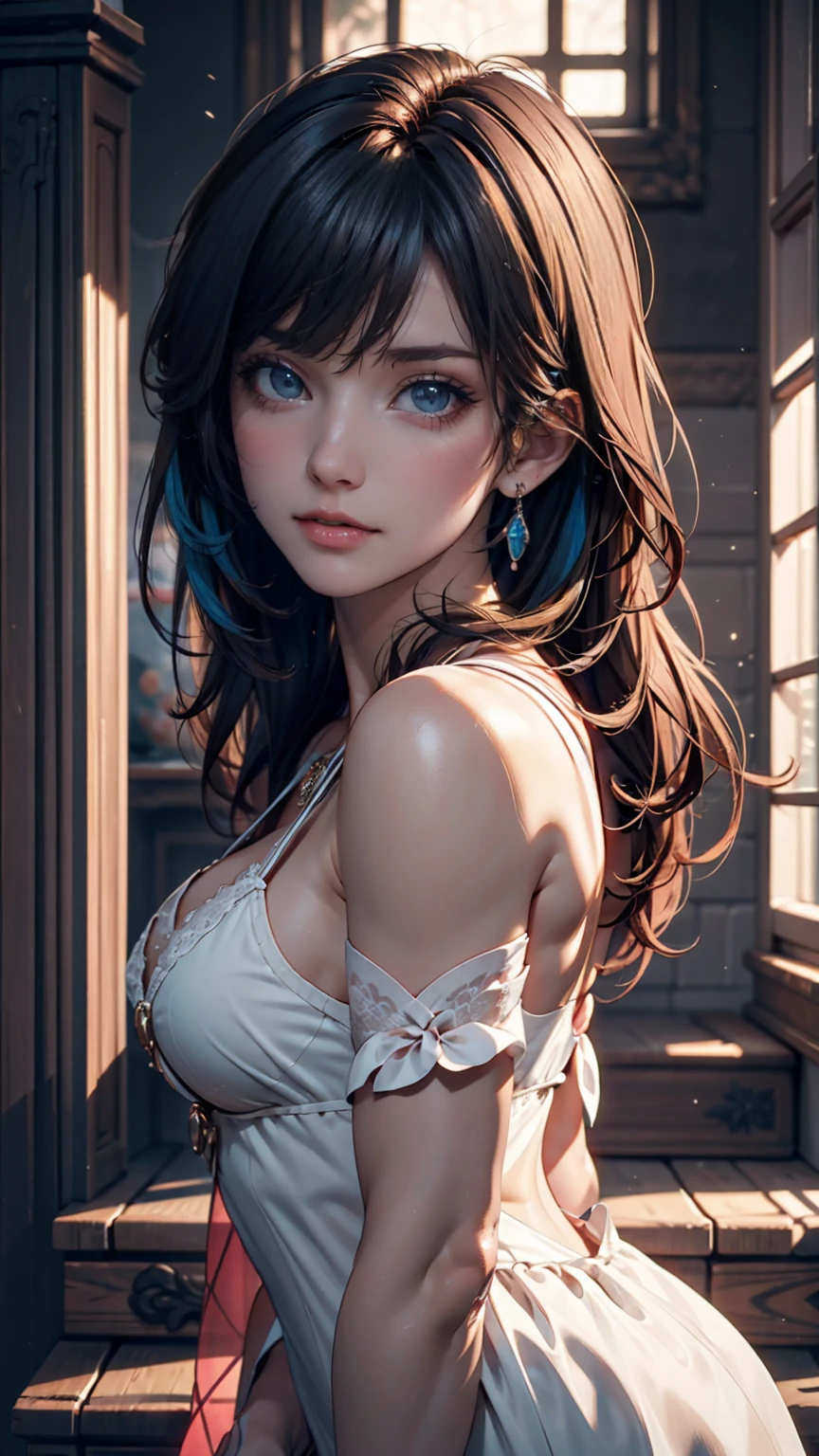 Super detailed, masterpiece, High resolution, Photorealistic digital art, perfect lighting, (((1 girl, perfect anatomy))), accurate right hand, accurate left hand, five fingers, perfect style, (Suletta Marcury), 3d face, big blue eyes, Detailed and beautiful eyes, glossy lips, Red curly hair, Beautiful brown skin, shiny skin, shy smile, (((white School uniform))), deep cleavage 2.8, ((bending, hands in hair, chin up, erotic poses, erotica, seductive wet lips))