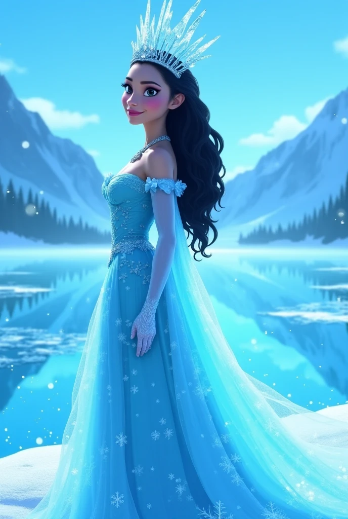 Elsa of erendelle, smiling,((black hair:1.4)),Balcony,Braided hair,Blue dress