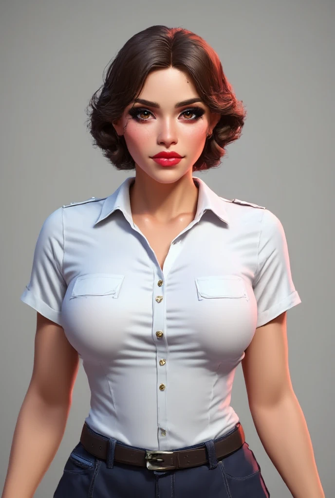 masterpiece,best quality,extreme detail,8k,Elizabeth Comstock, 1girl, solo, breasts, looking at viewer, blue eyes, realistic skin,skirt, large breasts, brown hair, shirt, black hair, cleavage, underwear, white shirt, open clothes, tongue, belt, black skirt, bra, blurry, see-through, open shirt, makeup, blurry background, undressing, lipstick, black bra, eyeshadow, pencil skirt, lace bra
