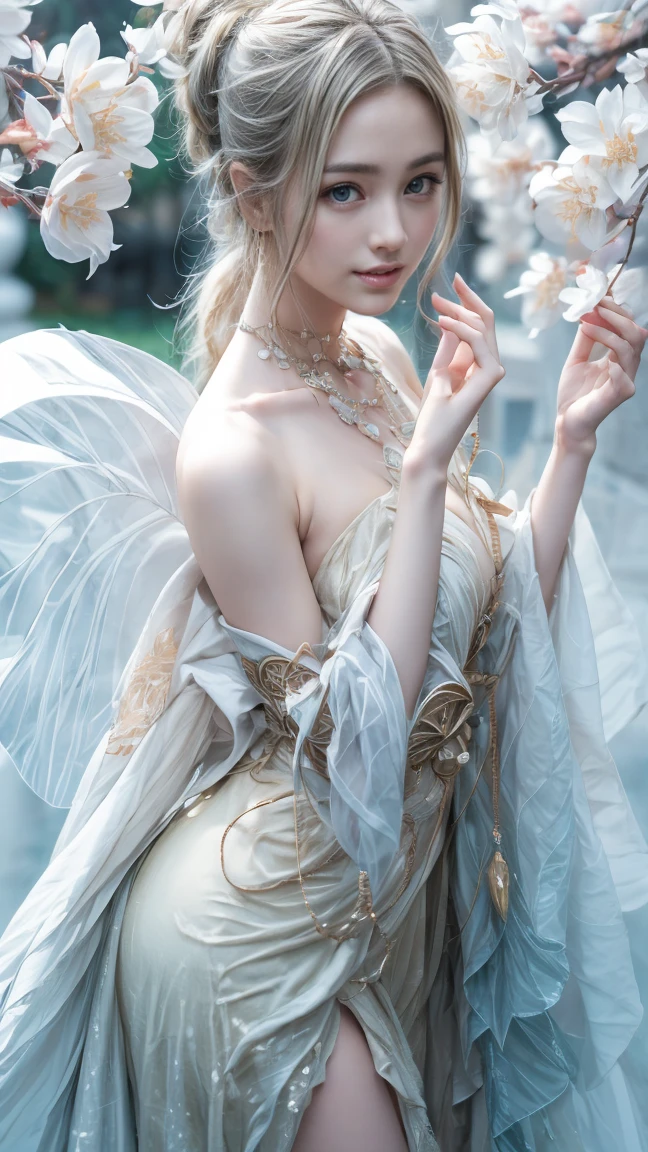tmasterpiece，top-quality，orthofacial，Dressed in white，The hair is beautifully braided，An ancient and mysterious palace，Fantastic white，A sense of fatalism，best qualtiy，Main layout，Light lighting，the elf，Magic book in hand，Hand cast spells，Ethereal fantasy，fresh flowers，Flying elves，fairy aesthetics，astral fairy，Beautiful Elf Queen，，ethereal fairytale，fantasy aesthetic！，Fairy tale core，anime cosplaying，EtherealBeauty，Fantasy art style，Anime girl role play，Ethereal fantasy，Beautiful fairy in white