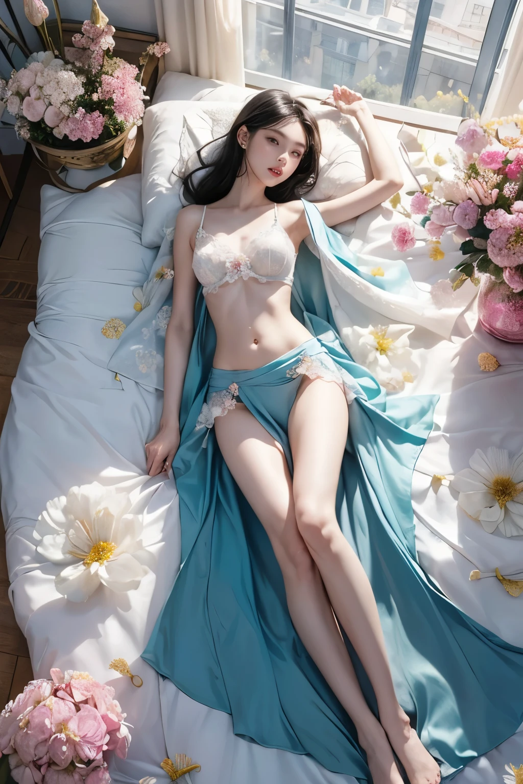 (Top quality, 4k, 8k, high resolution, Masterpiece: 1.2), Super detailed, (Real, Photorealistic, Photorealistic: 1.37), Big bed, Girl, Underwear, Sleeping figure, Long legs, Small face, Idol , supine, whole body,