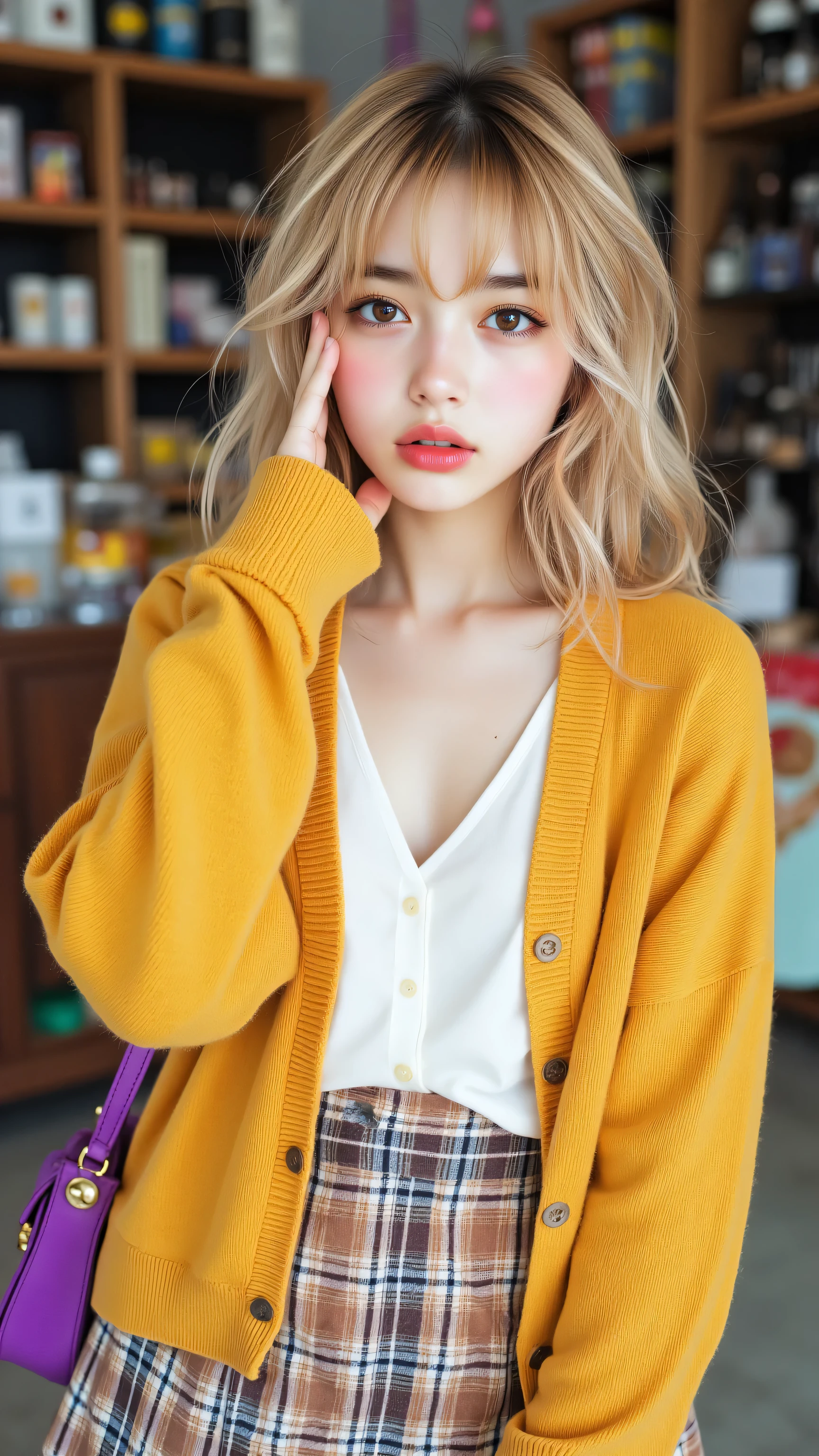 8k, Masterpiece, Top Quality, Close-up,  slightly low-angle.  Blonde, fair skin, expressive eyes, full lips, delicate features. Mustard yellow cardigan, white shirt, plaid mini skirt, purple handbag. Hand on cheek, slightly tilted head, relaxed pose. Blurred indoor background, shelves, store, merchandise.