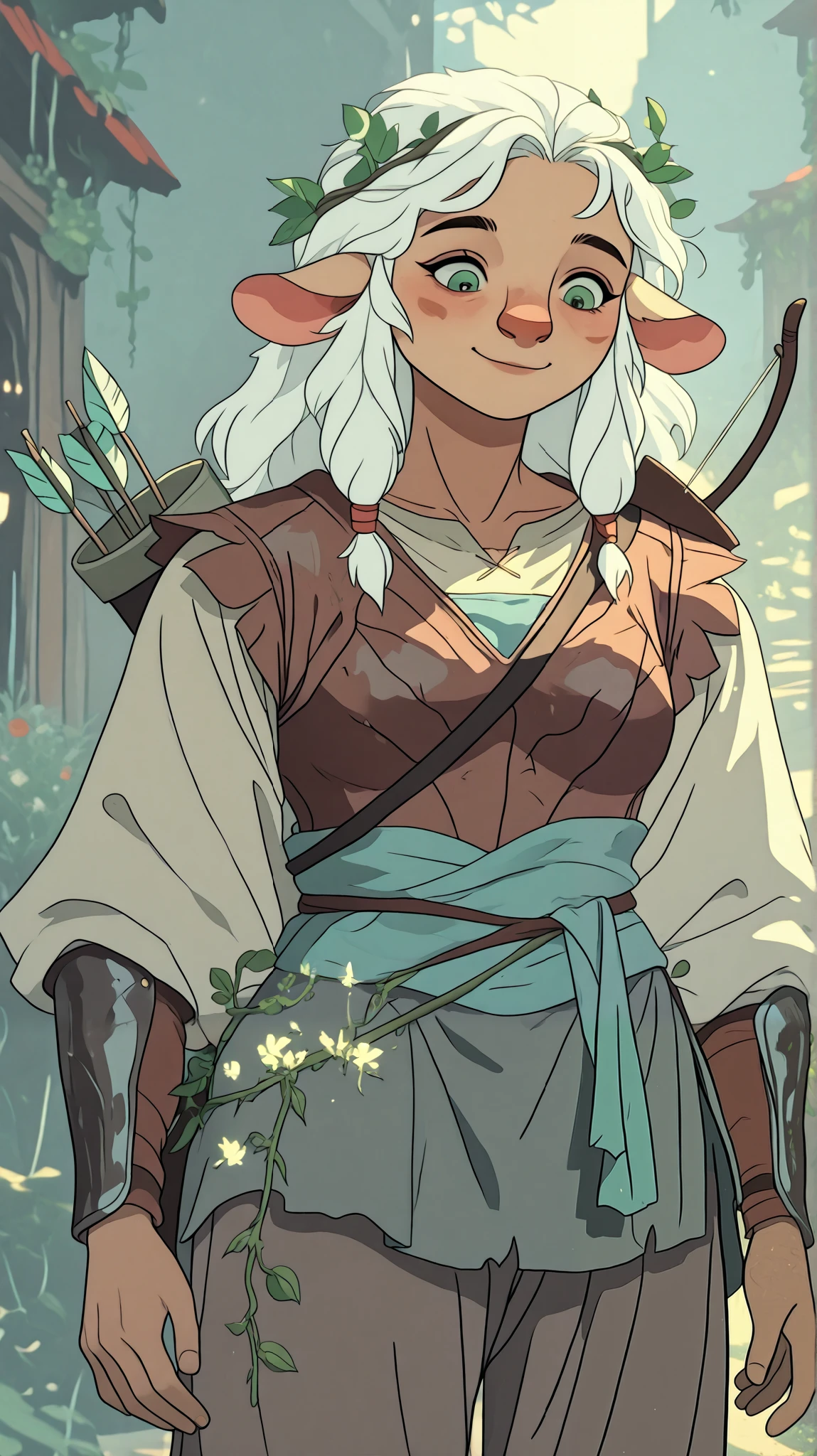 high, but a very young and muscular full-length furry firbolg girl. Her skin is covered with light hair. She has big expressive dark green eyes, wide nose and long elegant ears with fluffy tips. confused look, looks down,  with a smile on his face.  white hair , short player, hair is decorated with vines and flowers in gentle tones of green and yellow.

She is wearing detailed scaly leather armor with deciduous patterns, shoulders covered with leaves, a quiver with arrows is sticking out from behind my back. 
In the background, detailed, illuminated medieval street.