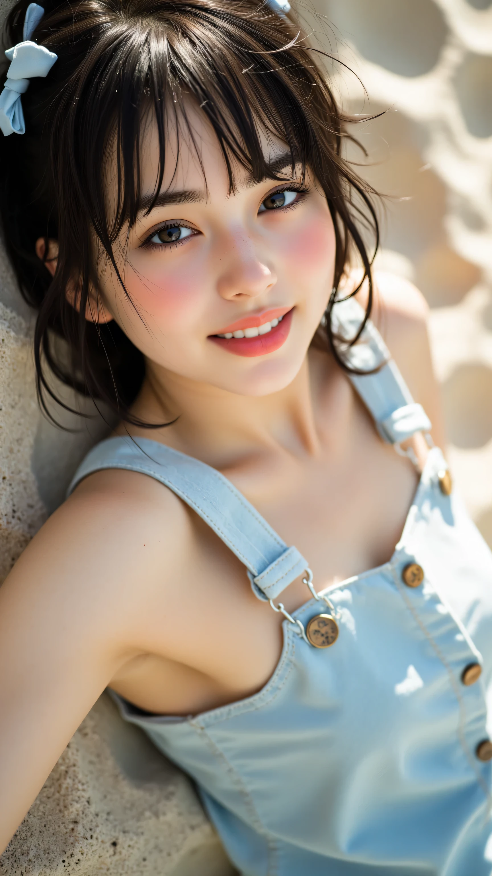 8k, Masterpiece, Top Quality, Low-angle, close-up, woman, smiling, serene, dark hair, updo, light blue ribbons, light blue jumpsuit, buttons, sleeveless, relaxed pose, lying, sandy beach, bright, sunny, blurred background, soft, dreamy, vintage aesthetic, professional photography, tranquil, summery.