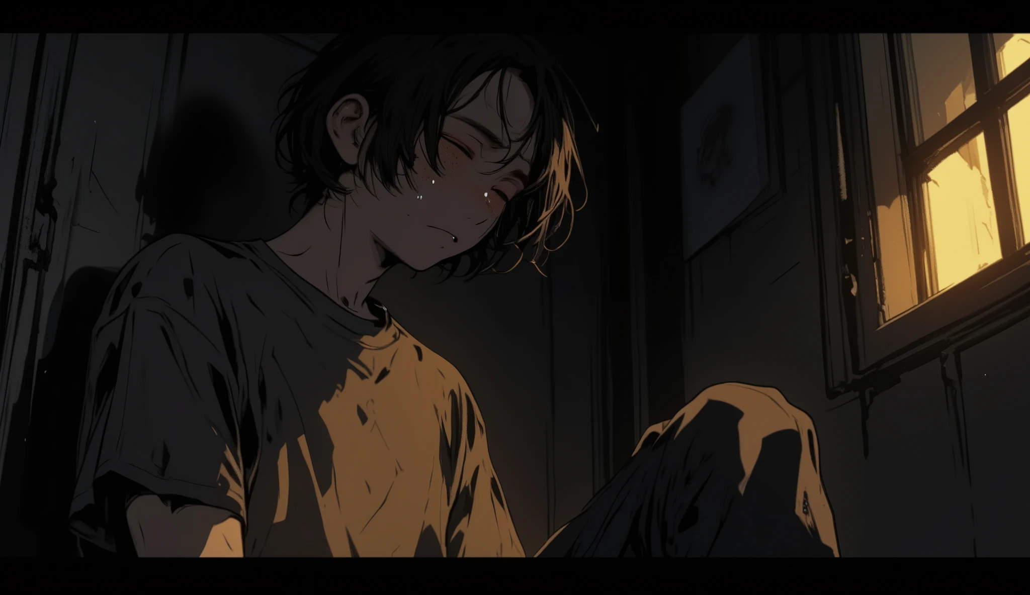 (masterpiece, best quality), intricate details, 8k, artstation, wallpaper, official art, splash art, sharp focus, 
1boy, short hair shaved on the sides without bangs, hair very short above the ear, looking forward, very dark black hair, with a frightened expression, furrowed brows, with a white tank top, scared expression, blood on the body, blood on the face, purple eyes, bruising impression on the body, saying something, dark basement in the background, dark basement print white tank top t-shirt,  open mouth, open-mouth impression, brown skin