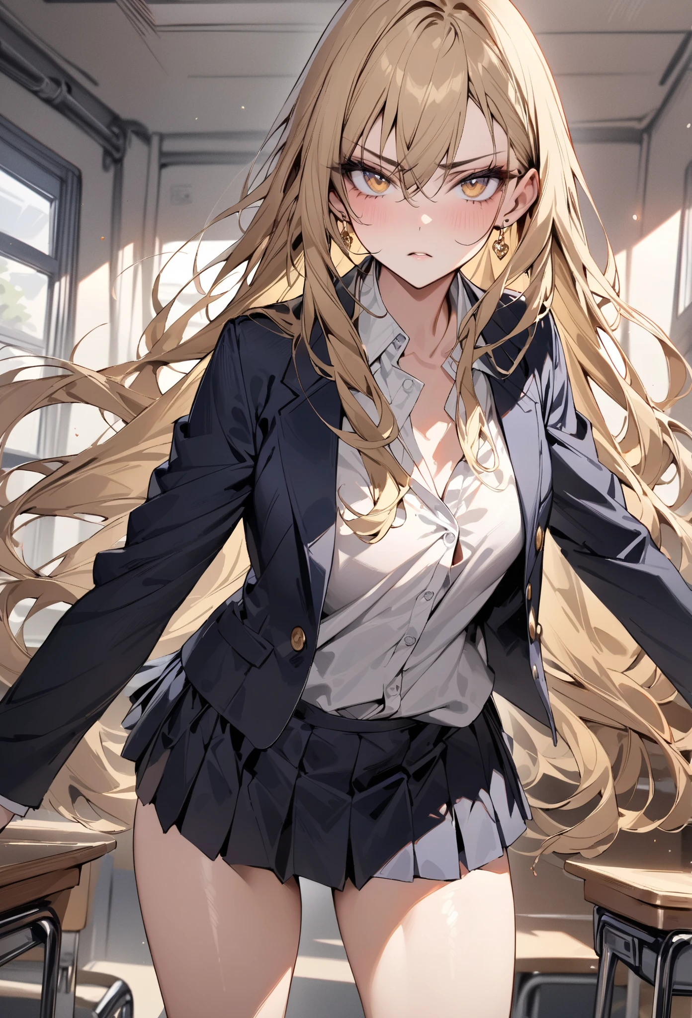 ((greatest masterpiece,super quality:1.2)),(super resolution),(solo),Cowboy Shots(front),Slender, slender high school girl standing in the classroom,beautiful face,(blonde long hair),perfect golden eyes,serious expression, high quality dark blue blazer ,HIGH QUALITY WHITE BLOUSE,high quality navy blue pleated skirt,high quality white loose socks,loafers,gold earrings