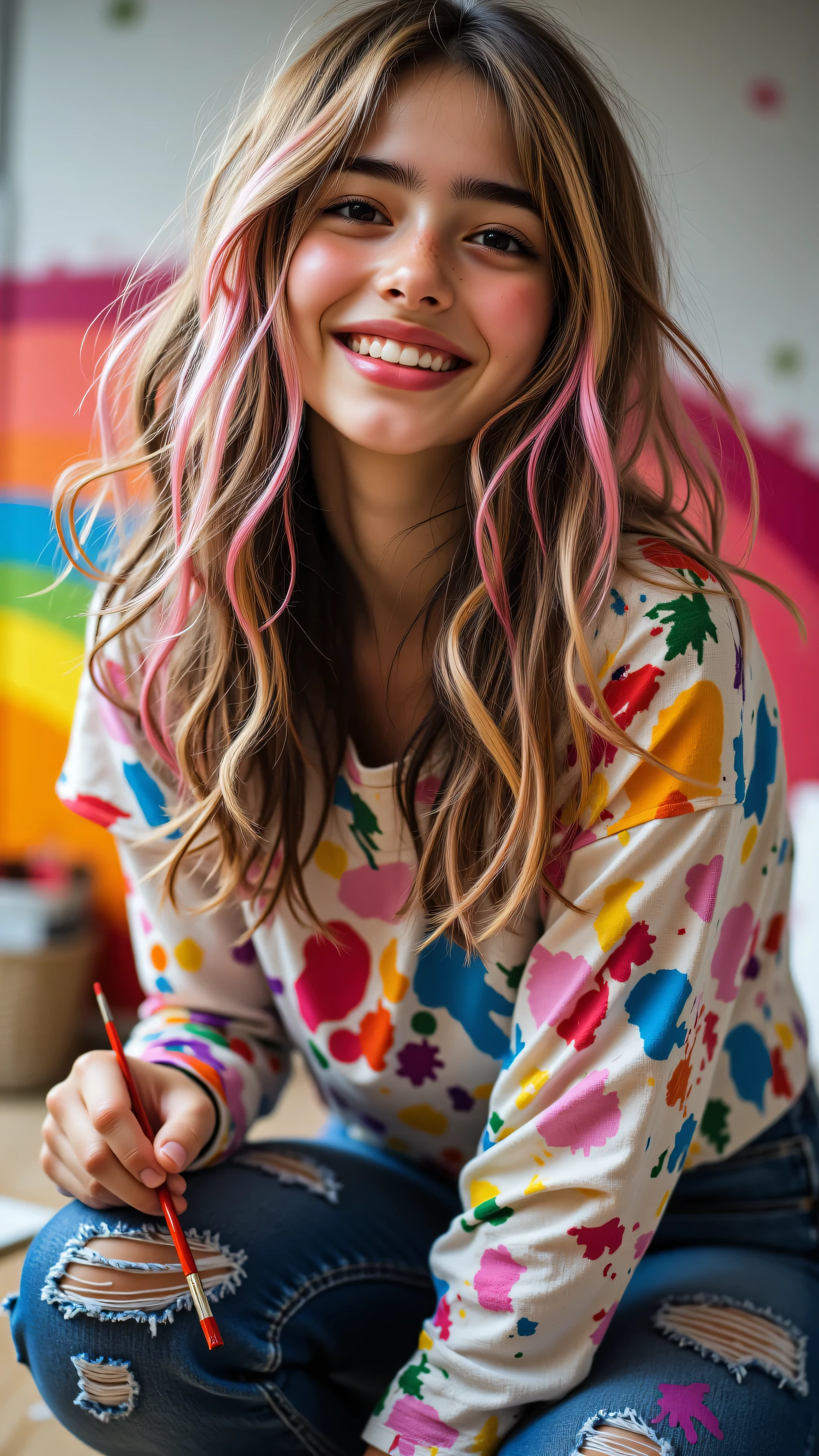 8k, Masterpiece, Top Quality, Low angle, vibrant,  smiling, happy, long multicolored hair, paint-splattered shirt, jeans, crouched,  painting, colorful brick wall, rainbow pattern, vibrant, cheerful, expressive.