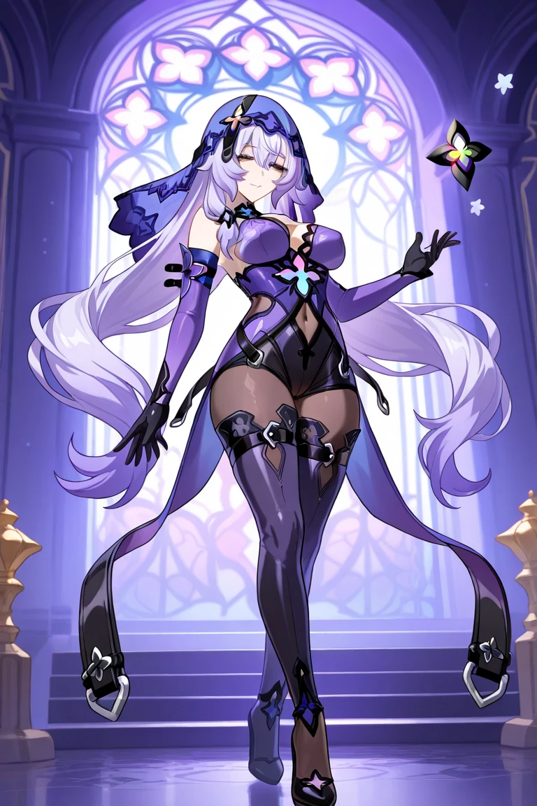 Highest quality, masterpiece, Black Swan, yellow gradient eyes, Veil, Elbow hand pockets, Purple Dress, pantyhose, Thigh-high boots, View your viewers, Tarot Cards, Raise the hand, Put your arms on top of your head, Cowboy Shot,