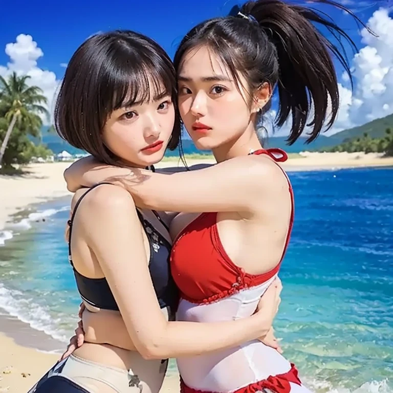 Character Asuka and Character Rey from the Anime Evangelion in a bikini kissing 