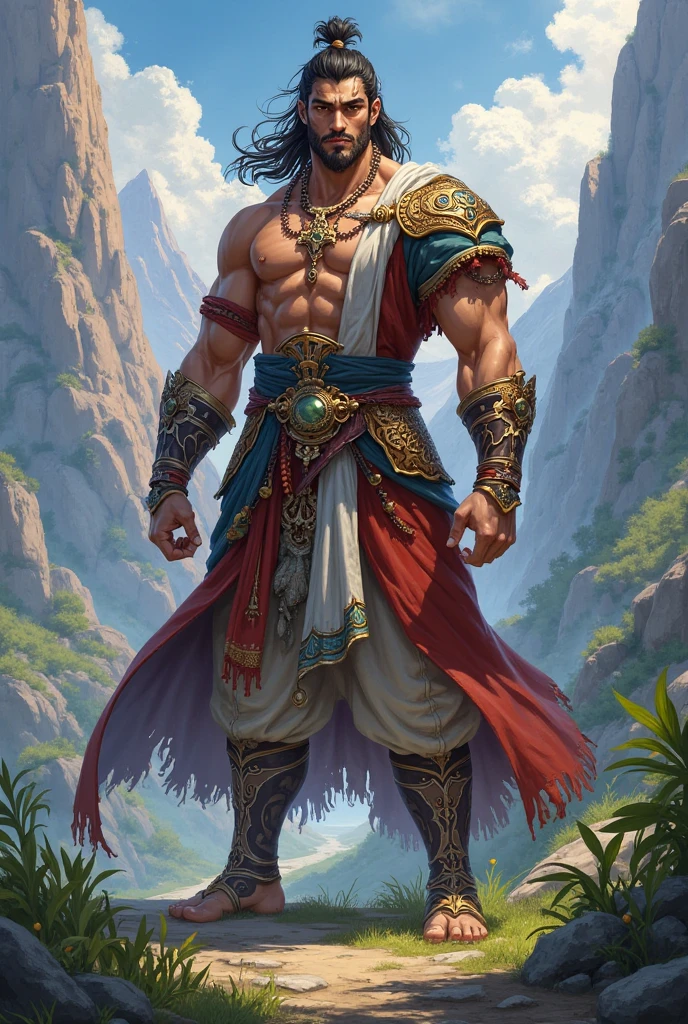 (Masterpiece, best quality), detailed, ((character concept art)), ((character design sheet, same character, front, Side, back)), Theon I was an imposing man, over two meters tall and with robust muscles. His long hair and beard were dark brown., often adorned with braids and tribal ornaments.