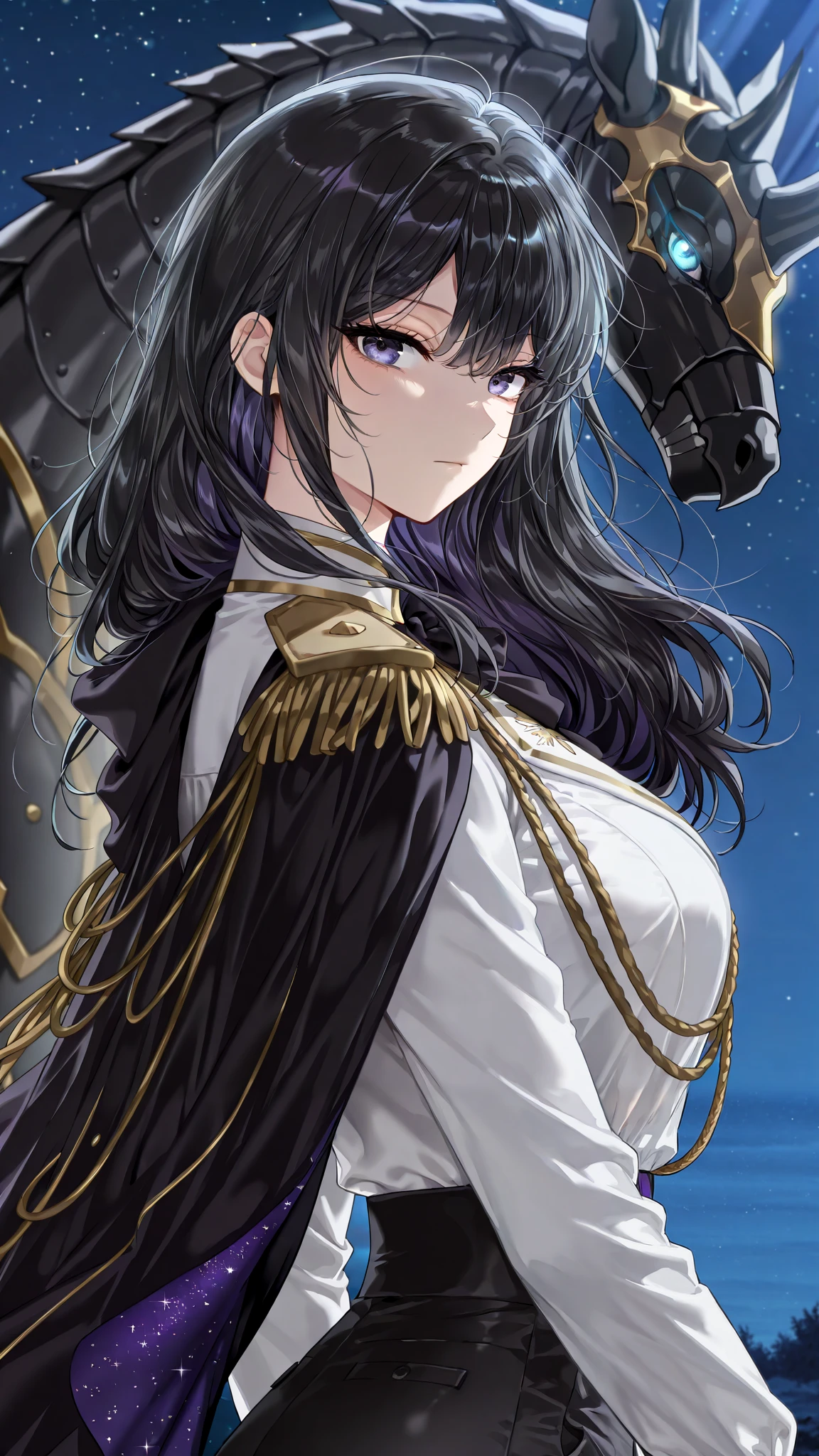 by [arknights|(748cmstyle:0.5)], god rays, cinematic shot, mature, young adult, masterpiece, best quality, amazing quality, very aesthetic, high resolution, ultra-detailed, absurdres,
1girl, solo, alone,(dynamic pose, side eye, looking over her shoulder,looking at viewer, upper body focus, from side, action shot, three quarter view, close up, portrait:1.2), flowy hair, (mafuyu asahina:0.86), black hair, blueish purple inner hair, abyssal blue eyes, expressionless, webtoon style, manwha style, starry night sky, moonlight, cosmic shoulder cape, white noblewoman's shirt, dress shirt, royalty, black pants, duchess, ornate clothes, detailed clothes, (fantasy attire, royal uniform, royal guardian, partial armour, holy knightess:1.24), novuschroma79 style, glitch art photo, BREAK, depth of field, volumetric lighting 
 