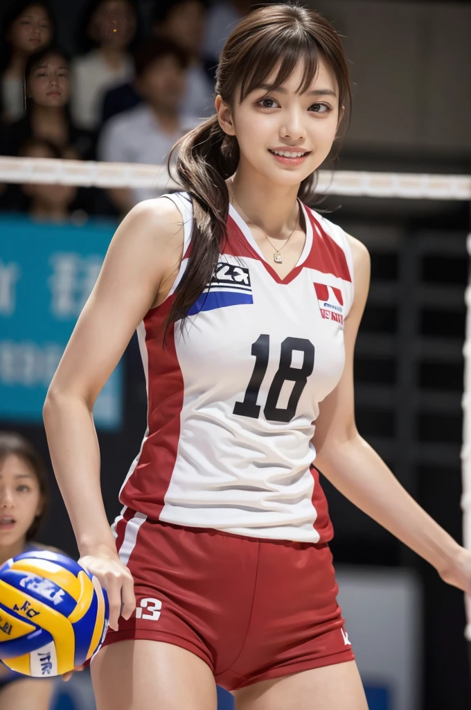 (8K、RAW photos、top quality、masterpiece:1.2)、(realistic、realistic:1.37)、very detailed、Super high resolution、1 girl、see who sees、Really detailed face、smile、constriction、(slim waist) :1.3)、beautiful detailed skin、skin texture、floating hair、professional lighting、whole human body、long hair、blond hair、bob hair、F cup、행복한 smile、Twenty、baby face、유치한 smile、dinner、volleyball uniform, sleeveless tank top、volleyball match venue、Armpit pose、Sub&#39;s pose, big ass, back
