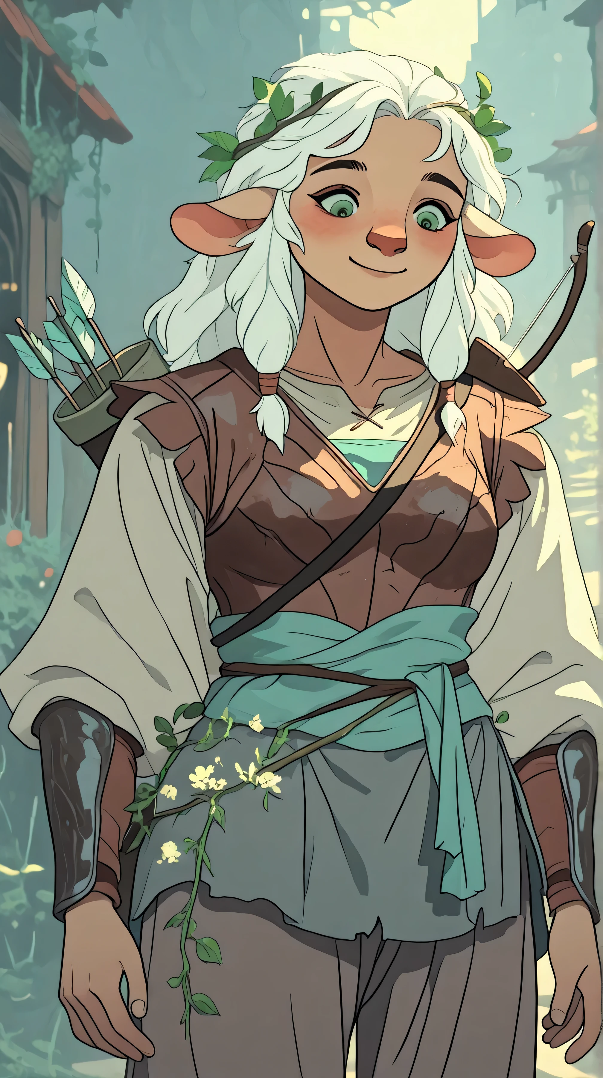 high, but a very young and muscular full-length furry firbolg girl. Her skin is covered with light hair. She has big, expressive dark green eyes, wide nose and long elegant ears with fluffy tips. confused look, looks down,  with a smile on his face.  white hair , short player, decorated with vines and flowers in soft tones of green and yellow.

She is wearing detailed scaly leather armor with deciduous patterns, shoulders covered with leaves, a quiver with arrows is sticking out from behind my back. 
In the background, detailed, illuminated medieval street.