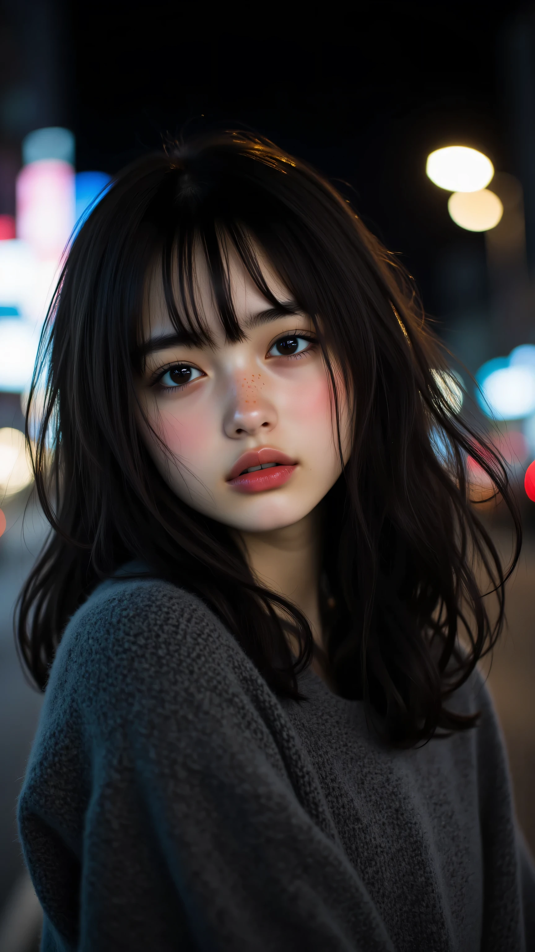 8k, Masterpiece, Top Quality, Close-up, eye-level, long dark hair, bangs, East Asian , neutral expression, slightly pursed lips, gray textured sweater, loose fit, night cityscape, blurred lights, street scene, muted dark background.