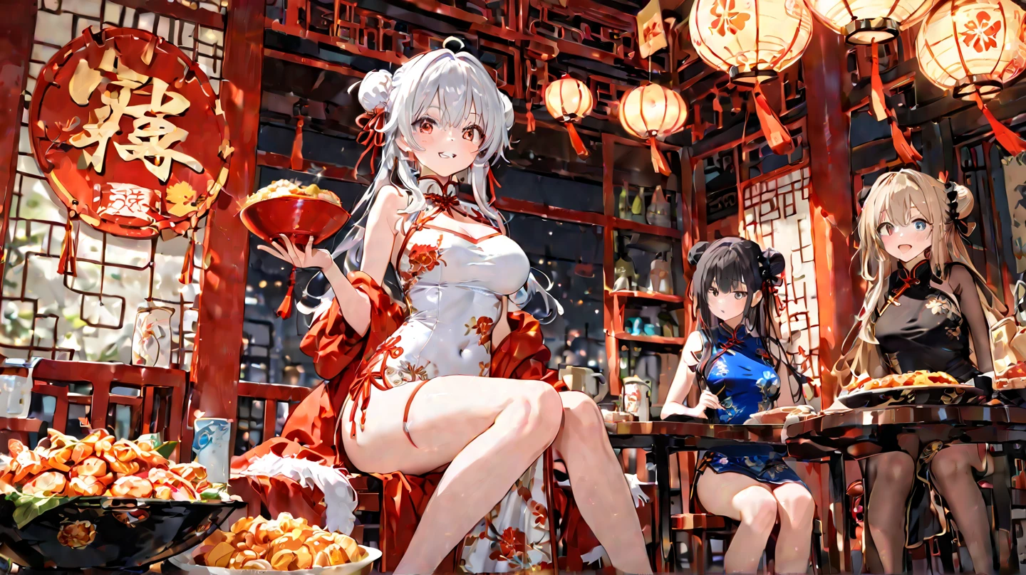 masterpiece, extreme, hi-res, 1girl, gray hair, medium hair, asymmetrical hair, floating hair, hair between the eyes, high ponytail, side hair, hair accessories, fish hair accessories, tassels, kanzashi, bangs,open mouth, smile, teeth, upper teeth only, collar, red collar, choker, butterfly collar, collarbone, tattoo on chest, flower tattoo, cleavage, medium breast, thigh, bandage, Leg bandage, Sarashi Budget sarashi, Boobs Sarashi, Black belt, Hadanuki Dosuji, Hōreki, Japanese clothing, Kimono, Kinchagaku, Obi belt, Orange kimono, Pouch, Printed kimono, Rope, Belt, Shimenawa, Short kimono, Bare shoulders, Visionary (Genshin Impact), East Asian architecture, cherry blossoms, whole body, squatting, fireworks, fireworks, night, fireworks, fireworks, fireworks, put your feet together, feet together, feet, single gloves, single Show only finger gloves, wristbands and black socks,