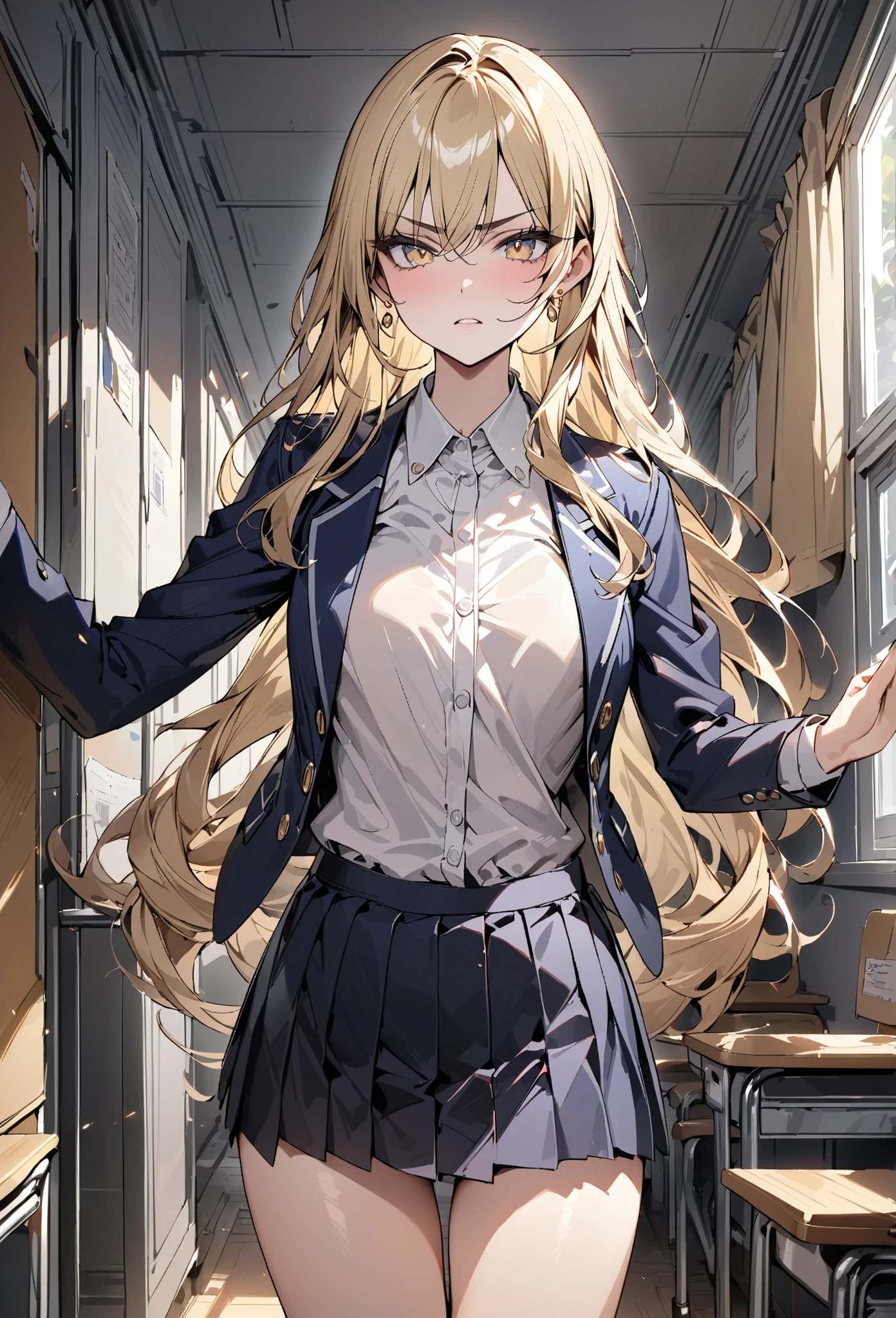 ((greatest masterpiece,super quality:1.2)),(super resolution),(solo),Cowboy Shots(front),Slender, slender high school girl standing in the classroom,beautiful face,(blonde long hair),perfect golden eyes,serious expression, high quality dark blue blazer ,HIGH QUALITY WHITE BLOUSE,high quality navy blue pleated skirt,high quality white loose socks,loafers,gold earrings