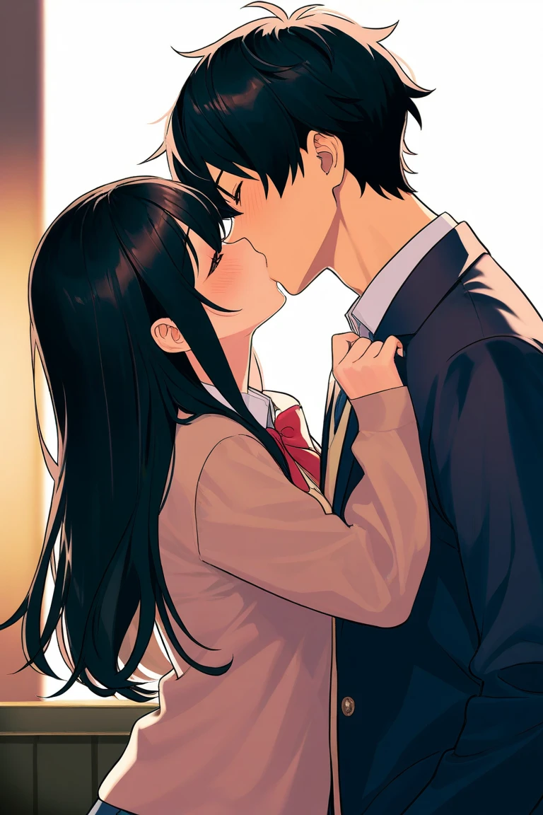 Woman with long black hair with blonde tips, the woman's skin color is brown, She has dark brown eyes, and is kissing a black haired man, the man's height is the same as the woman's. Both people are wearing a burgundy school uniform with white straps on the shoulders..As the two kiss, there is a woman watching the two hidden behind the door, This woman has light brown hair and dresses like a prostitute, she has a surprised expression