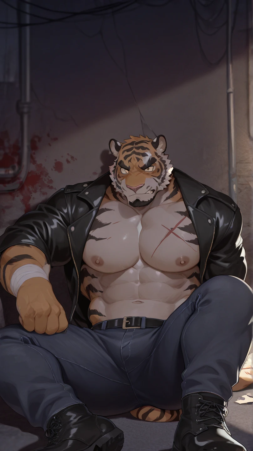 (Chained in a dungeon:1.5),(Wearing tattered ancient costumes:1.5),king,16k high quality detailed art,(Golden Tiger:1.1), (((white and gold fur:1.5))),(Dark and cold two-tone),(a pair of eyes with different colors, one eye has golden pupils and the other eye has blue pupils:1.7),(muscular body:1.2),Handsome,(OK),(perfect face),(exhausted:1.1),(golden and white skin:1.3),(Dark and dank dungeon background),(Half body特写:1.6),Publaz, (Golden Tiger:1.1), (((golden and white fur:1.3))),Handsome, (OK), ((bleed wound:1.6)), Express,(Cold and damp dungeon background),(Eyes of pain and despair:1.3),(Golden Tiger tail),不同的Express,(perfect masterpiece),(32k),(abdominal muscles:1.3),(((middle aged:1.4))),(36 years old),(golden stripes),alone,(black sideburns:1.2),(black beard:1.3),(black chin:1.3),(golden face pattern:1),(Very rich facial details:1.3),(Strong),Half body,(Kneel down:1.3),front view,(cg),(HD),(To chain one's limbs:1.6),(pained expression:1.5),(Lots of chains)