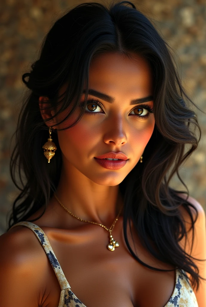 (Beautiful Moroccan girl:1.2), 18 years old, black hair, black eyes, bright smile, Extremely beautiful, Extremely Detailed, Big black eyes, attractive beautiful, sexy, hot, little bit hairy, Dimples, sunset, wearing a blacked shirt